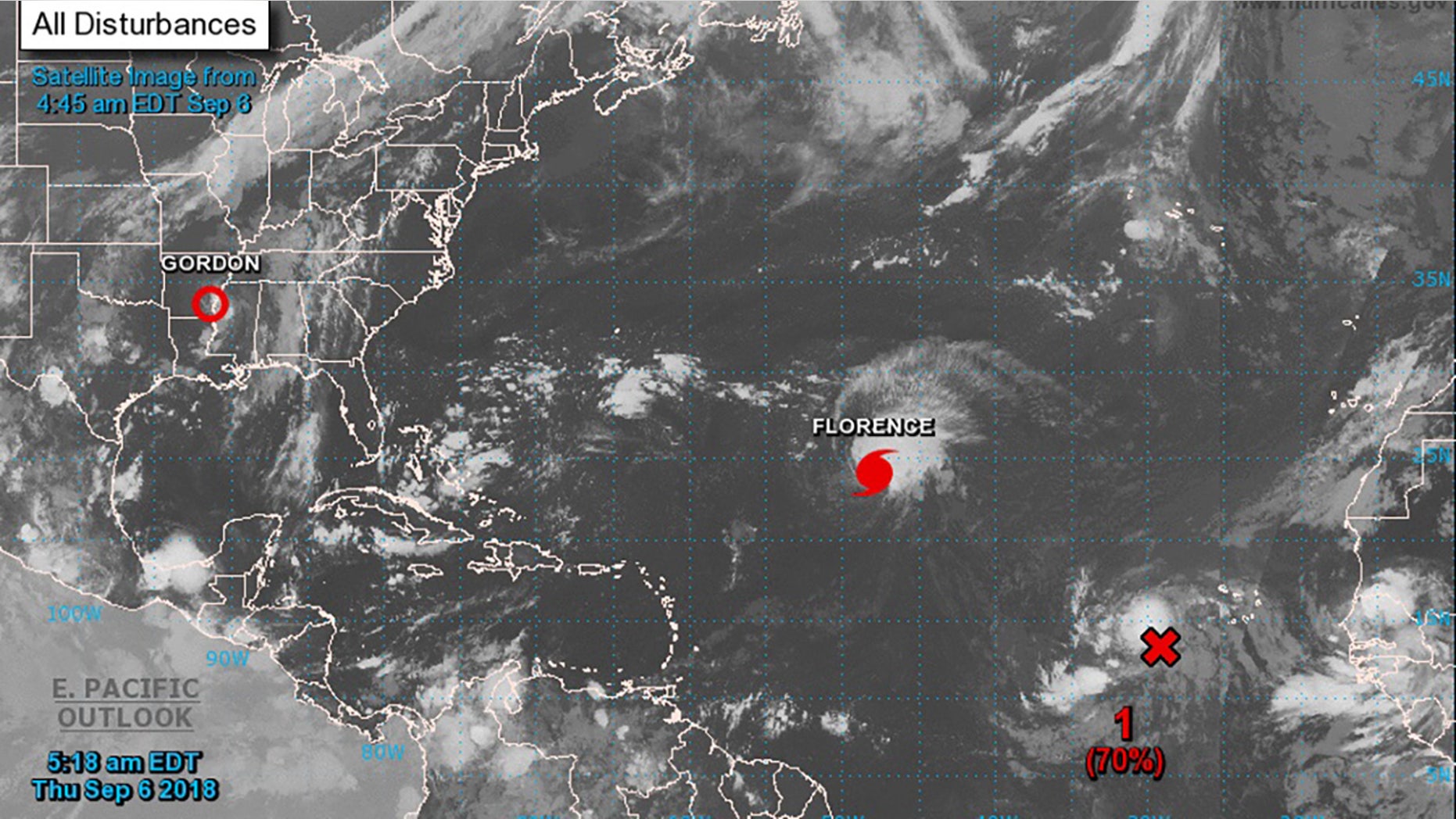 This satellite image shows Hurricane Florence in the North Atlantic Ocean Thursday morning.