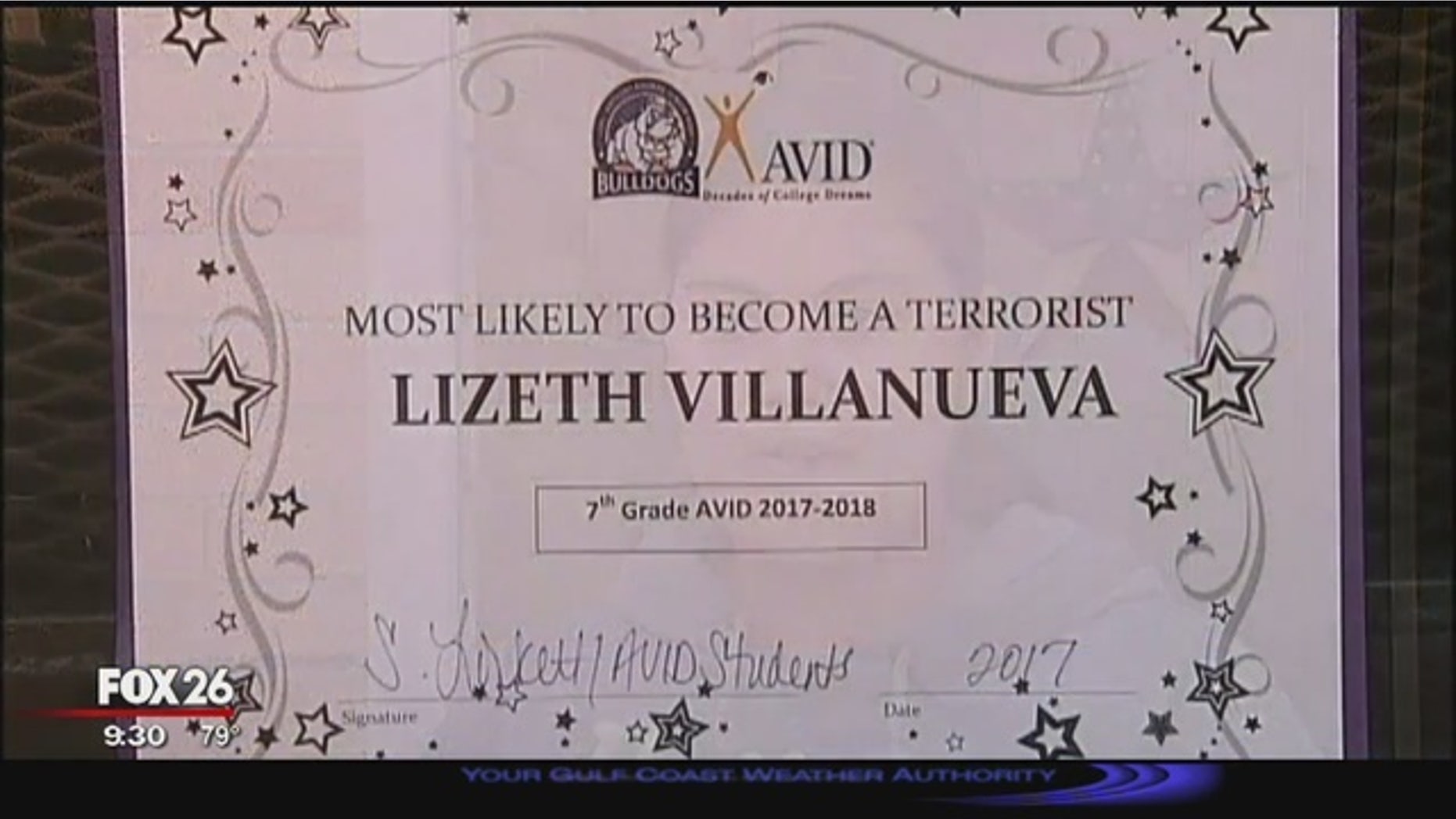A Texas teacher who presented a student with a "most likely to become a terrorist award" has been fired. (Fox 26 Houston)