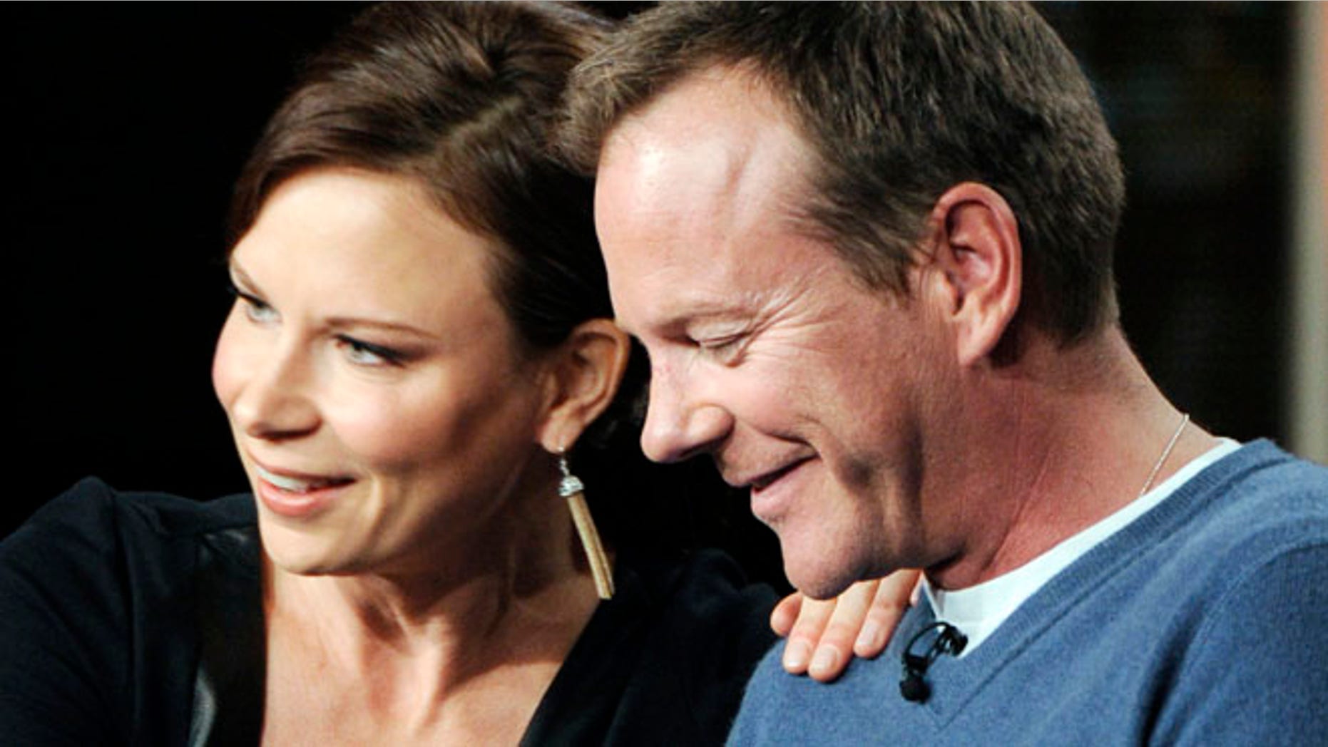 Jan 13. 2014: Kiefer Sutherland (R), executive producer and actor, speaks on the return of "24: Live Another Day" with actress Mary Lynn Rajskub during Fox Broadcasting Company's part of the Television Critics Association (TCA) Winter 2014 presentations in Pasadena, California (Reuters)