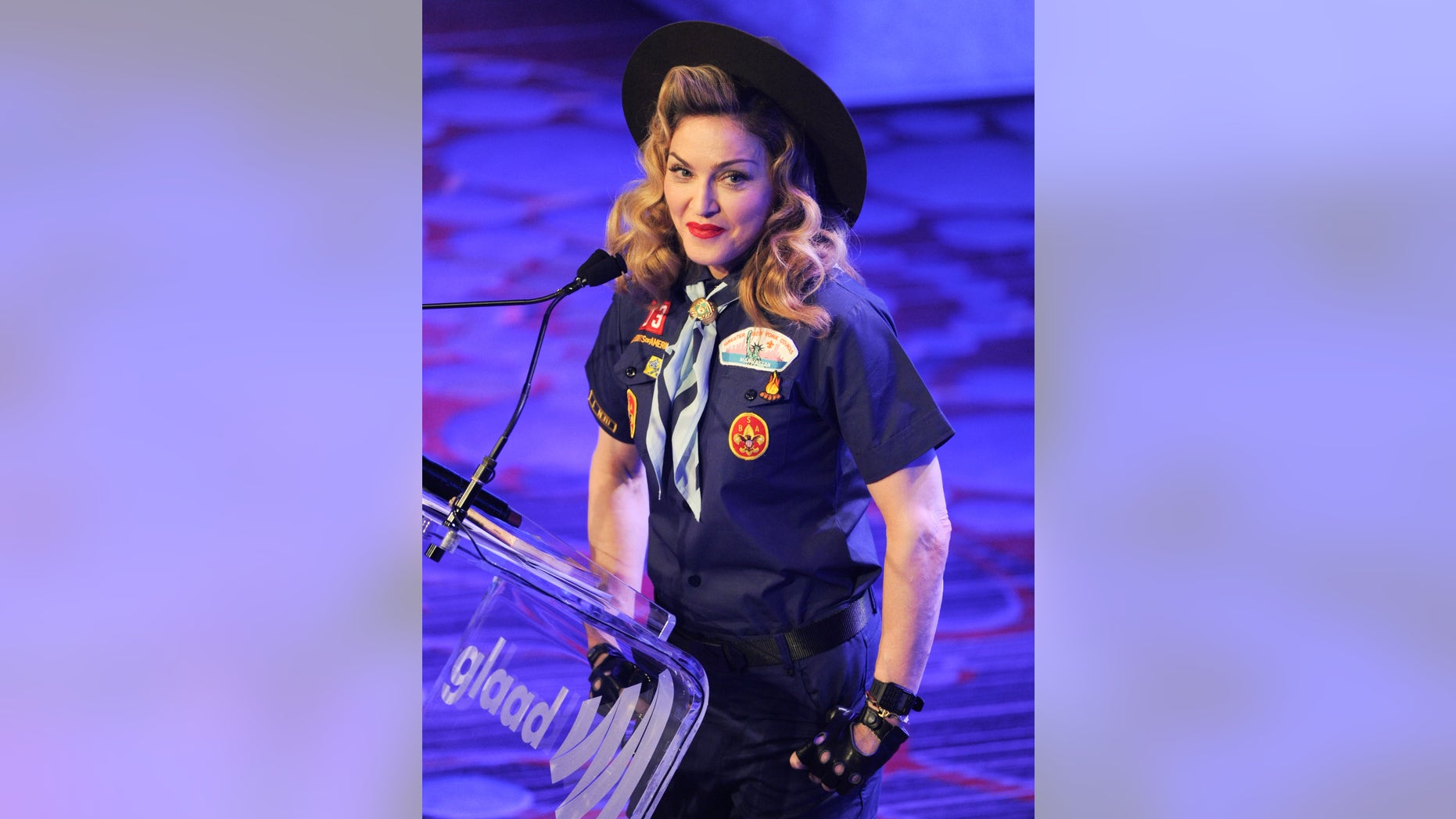 Madonna addresses the audience at the 24th Annual GLAAD Media Awards at the Marriott Marquis on Saturday March 16, 2013 in New York. Madonna presented CNN news anchor Anderson Cooper with the Vito Russo Award. (Photo by Evan Agostini/Invision/AP)