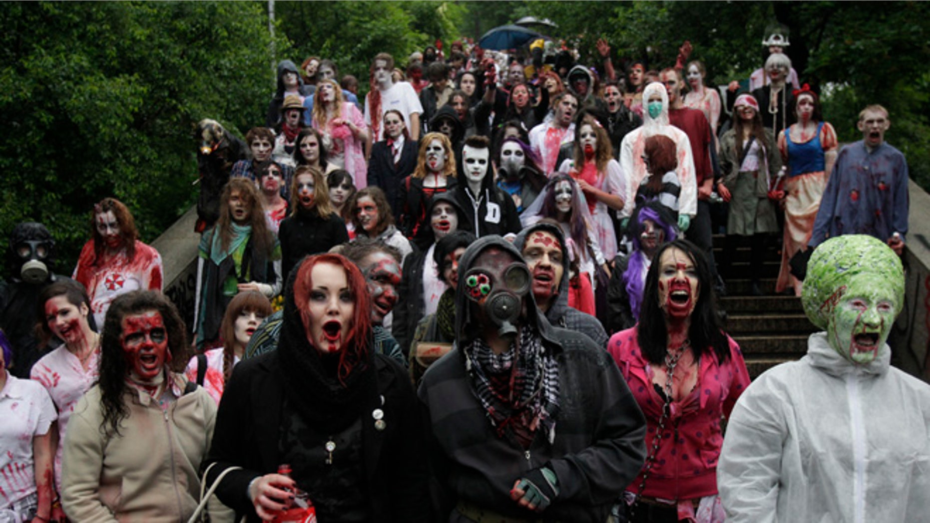 A Florida store is likely the nation's second store dedicated to zombies, selling zombie wares including severed heads, and blood-spattered table cloths -- things that could come in handy for these enthusiasts dressed as zombies taking part in the annual Zombie Walk festival in Prague on June 1, 2013.