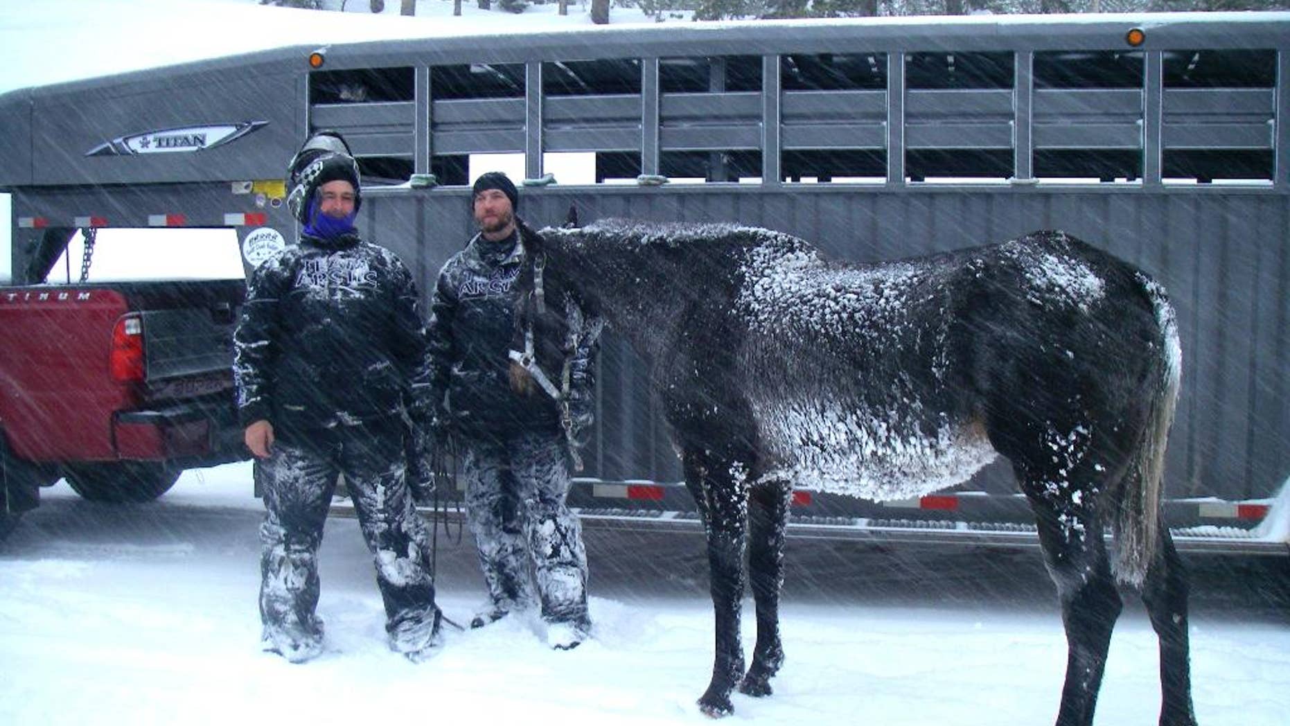 In this December 2016 photo provided by U.S. Forest Service, B.J. Hill and his son Heath from Swift Creek Outfitters stand with their horse, Valentine, after rescuing it from a remote area in northwestern Wyoming. The horse was left behind in the Wyoming wilderness by an excursion company after getting sick and survived for six weeks, a case that has raised debate and prompted a criminal investigation.