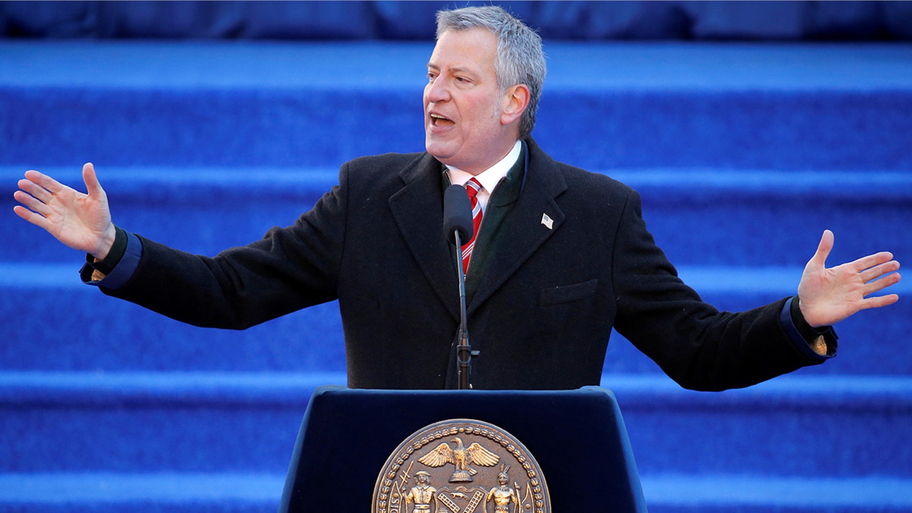 New York City Mayor Bill de Blasio delivering a speech.