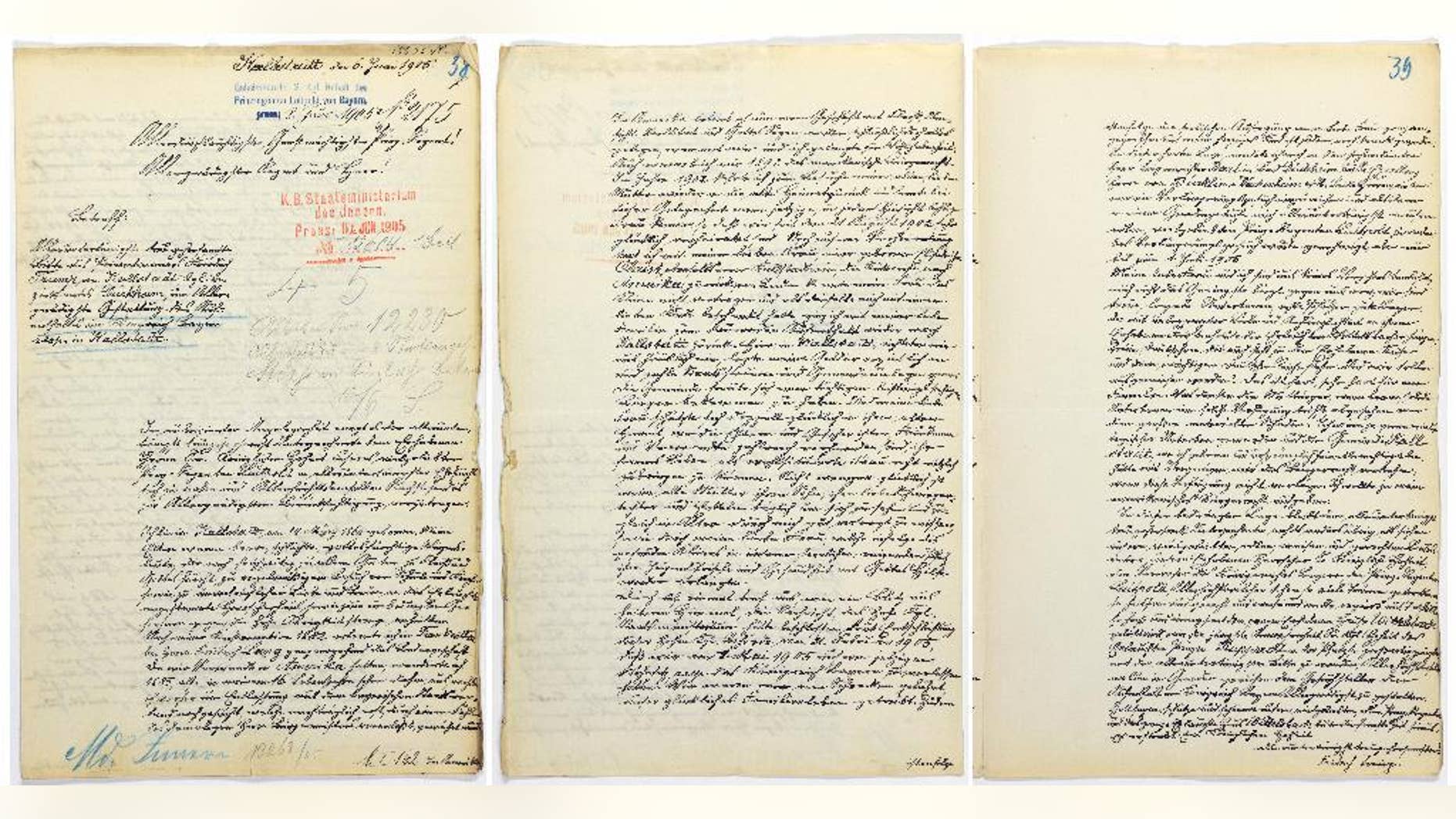 The reproductions provided by Landesarchiv Speyer show a letter by the grandfather of U.S. President-elect Donald Trump. The handwritten letter has been found in a German archive in which Donald Trump's grandfather unsuccessfully fought his expulsion from the country for failing to perform mandatory military service. (Landesarchiv Speyer via AP)
