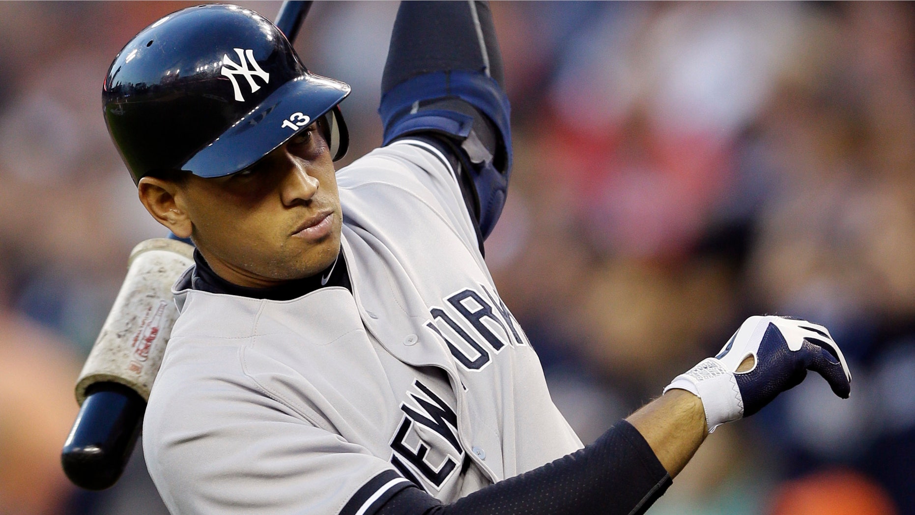 FILE - In this Oct. 18, 2012 file photo, New York Yankees' Alex Rodriguez prepares to hit in the sixth inning during Game 4 of the American League championship series against the Detroit Tigers in Detroit. Major League Baseball says it is "extremely disappointed" about a new report that says records from an anti-aging clinic in the Miami area link Rodriguez and other players to the purchase of performance-enhancing drugs. (AP Photo/Matt Slocum, File)