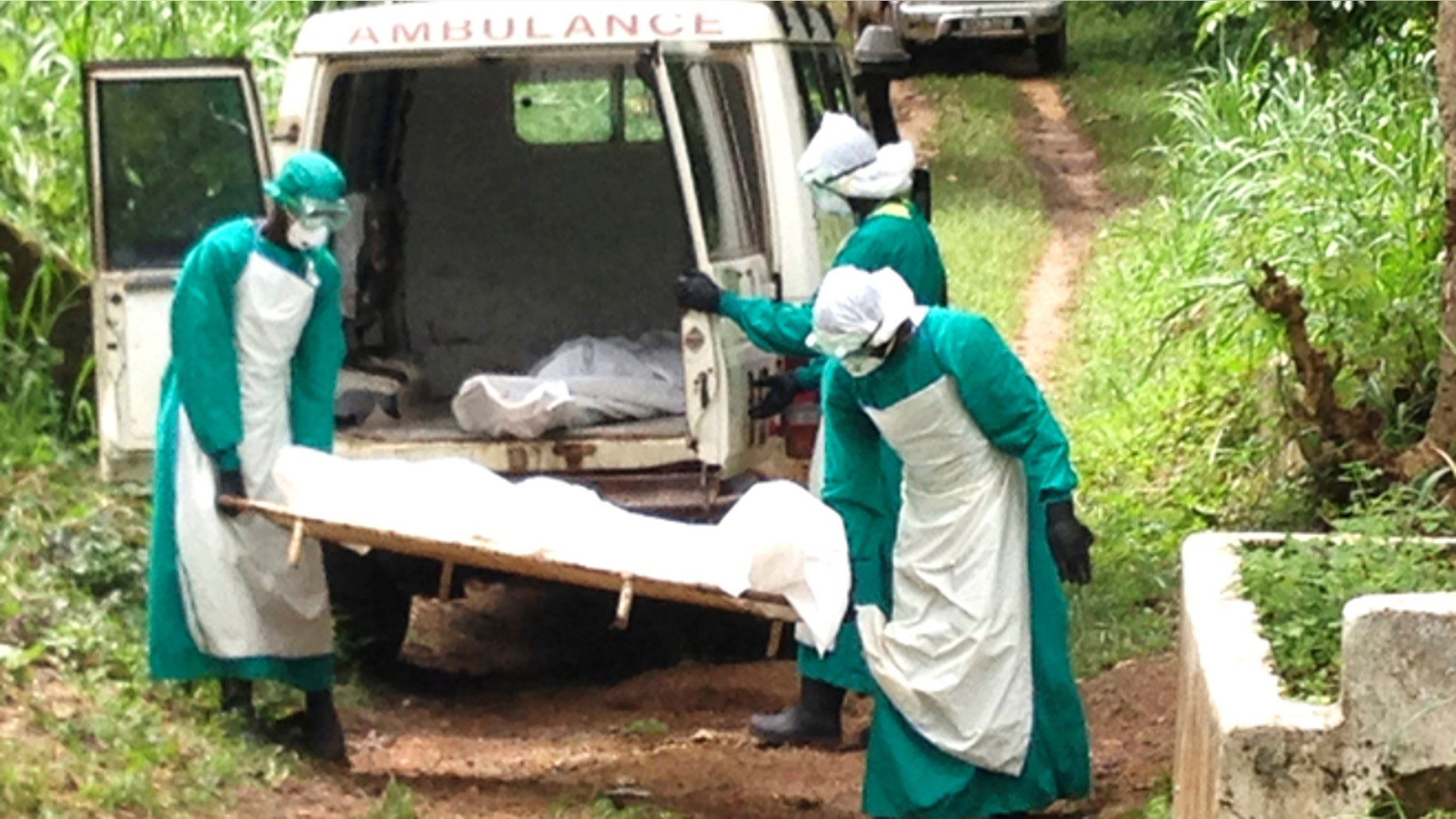 Health workers carry the body of an Ebola virus victim in Kenema, Sierra Leone, June 25, 2014. Picture taken June 25, 2014. REUTERS/Umaru Fofana