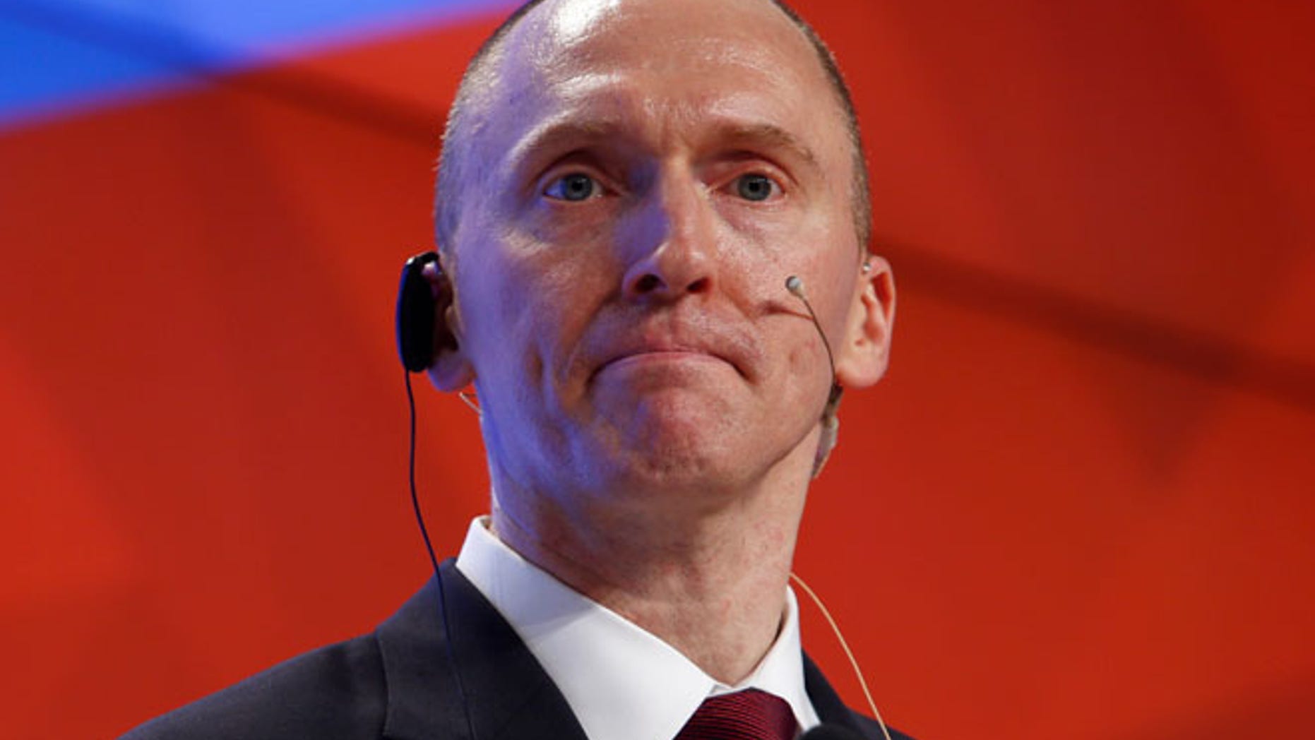 One-time advisor of U.S. president-elect Donald Trump Carter Page addresses the audience during a presentation in Moscow