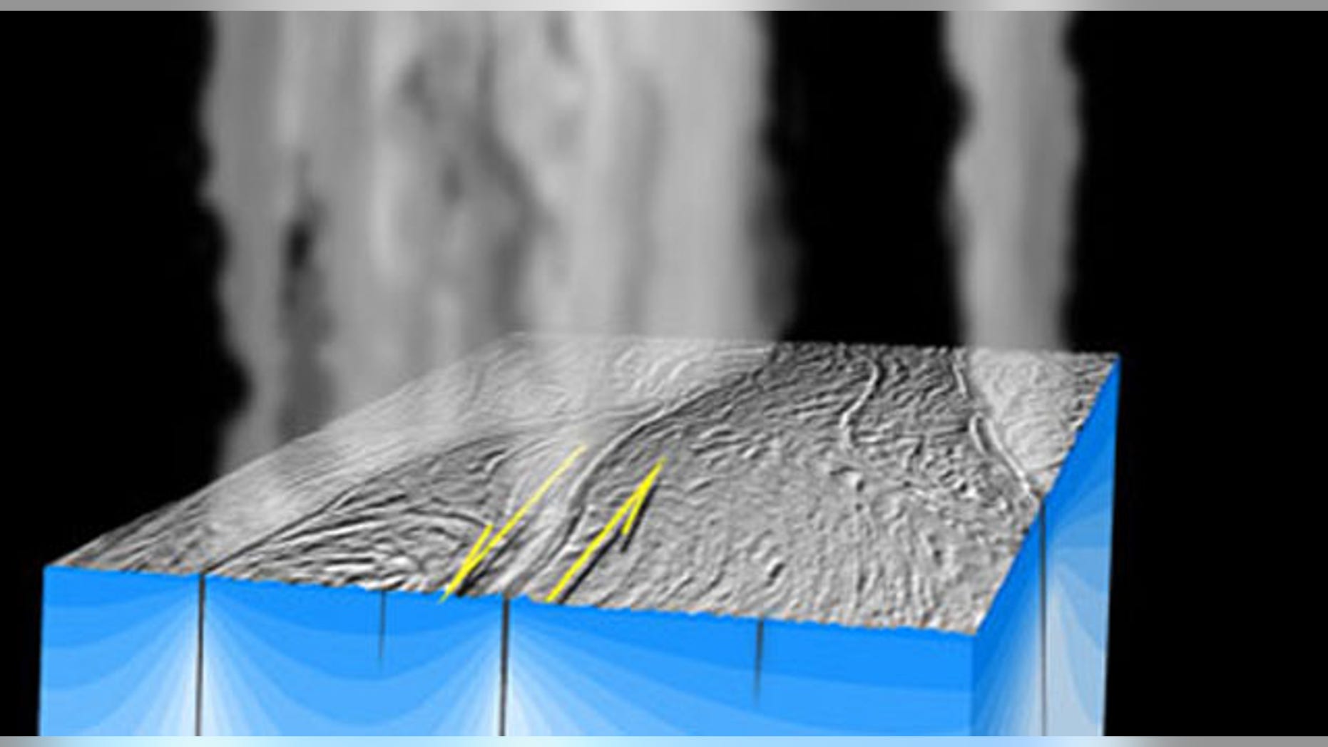 An artist's illustration showing plumes of water vapor and other gases escape at high velocity from the surface of Saturn's moon Enceladus. Credit: NASA/JPL