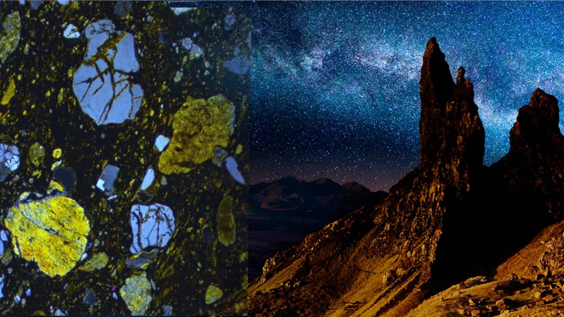 Thin section view of meteoritic ejecta deposit (Credit: Simon Drake), file photo of the Old Man of Storr, Skye, Scotland, at night (Peter Burnett/iStock)
