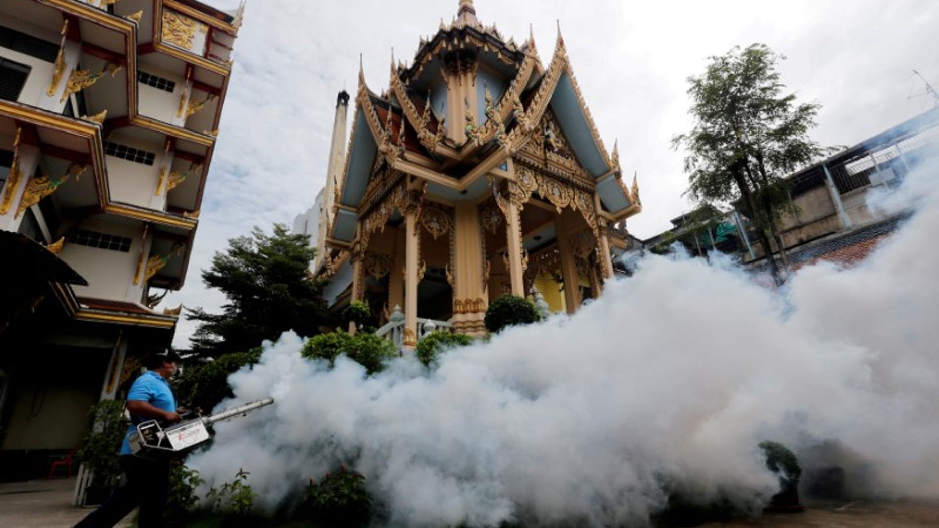 A city worker fumigates area to control the spread of mosquitoes at a temple in Bangkok