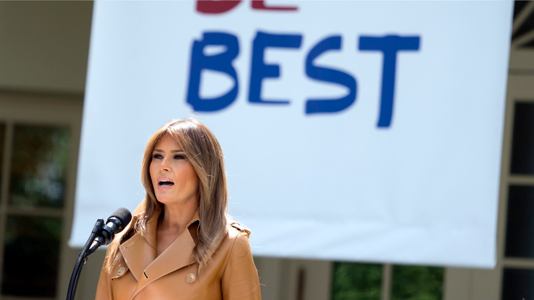 In this May 7, 2018, file photo, first lady Melania Trump speaks on her initiatives during an event in the Rose Garden of the White House in Washington.