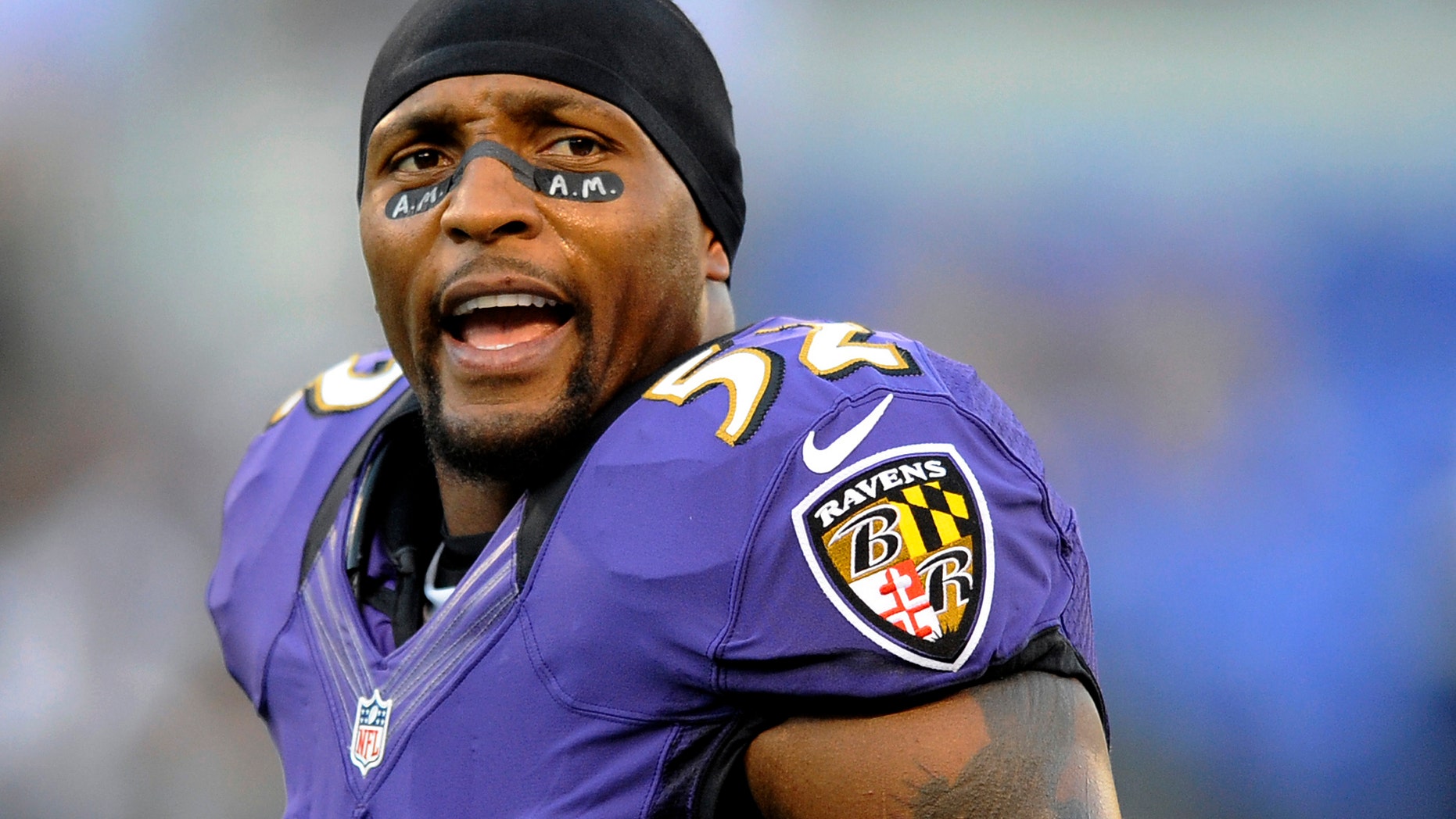 FILE - This Sept. 10, 2012 file photo shows Baltimore Ravens linebacker Ray Lewis wearing eye black showing the initials of former Ravens owner Art Modell before an NFL football game against the Cincinnati Bengals in Baltimore. Lewis will end his brilliant 17-year NFL career after the Ravens complete their 2013 playoff run. "I talked to my team today," Lewis said Wednesday, Jan. 2, 2013. "I talked to them about life in general. And everything that starts has an end. For me, today, I told my team that this will be my last ride." (AP Photo/Nick Wass, FIle)