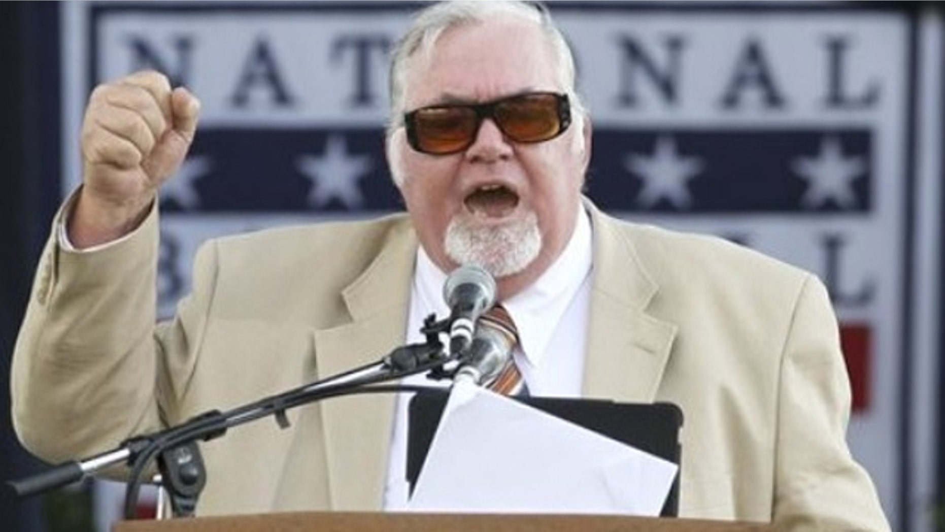July 23, 2011: Longtime Philadelphia sports writer Bill Conlin speaks after receiving the J.G. Taylor Spink Award during a ceremony at Doubleday Field in Cooperstown, N.Y.