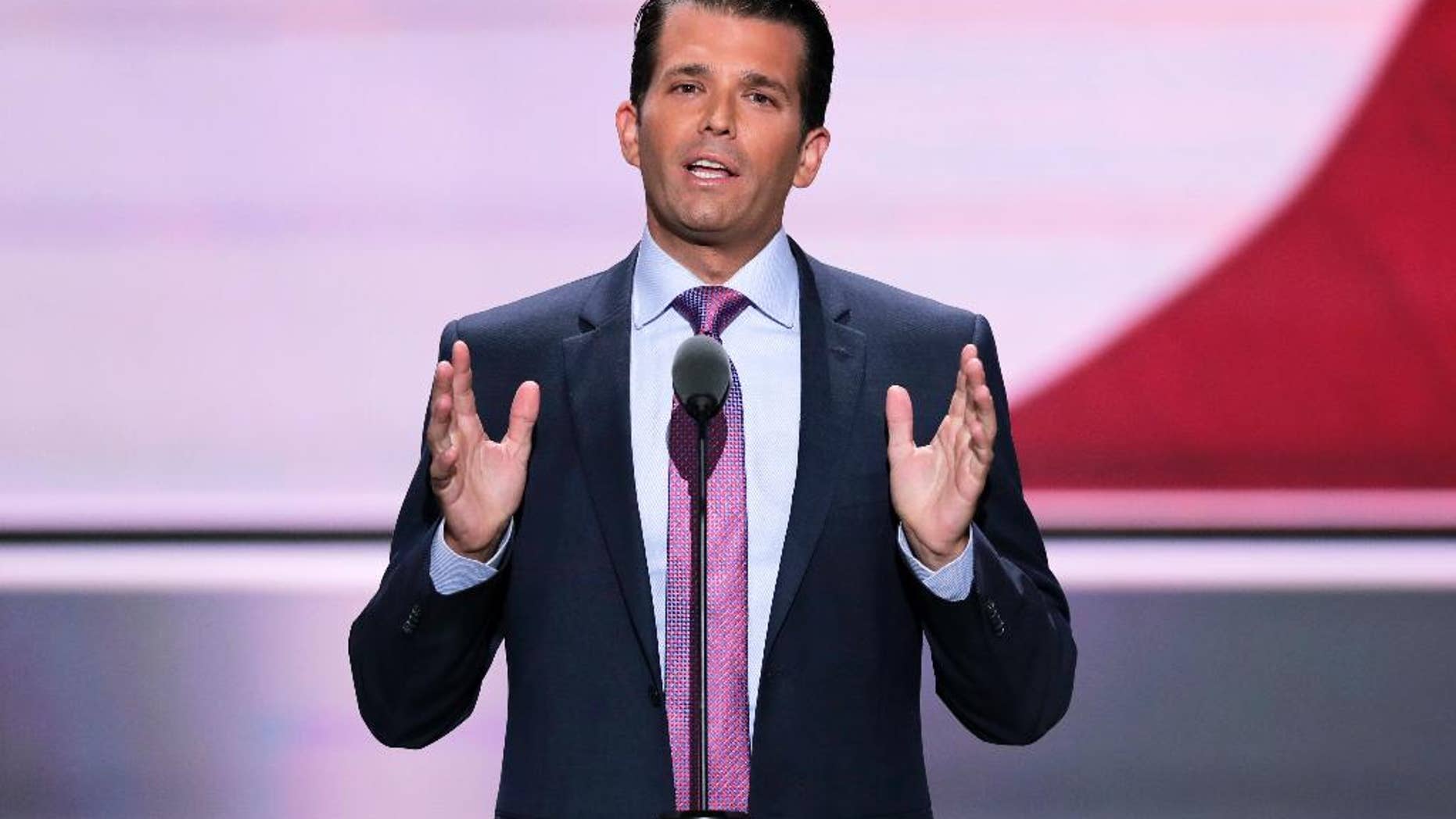 July 19, 2016: Donald Trump, Jr., son of Republican Presidential Candidate Donald Trump, speaks at the Republican National Convention in Cleveland. The Anti-Defamation League is calling for Donald Trump's oldest son to apologize for making what appeared to be a Holocaust-themed joke.
