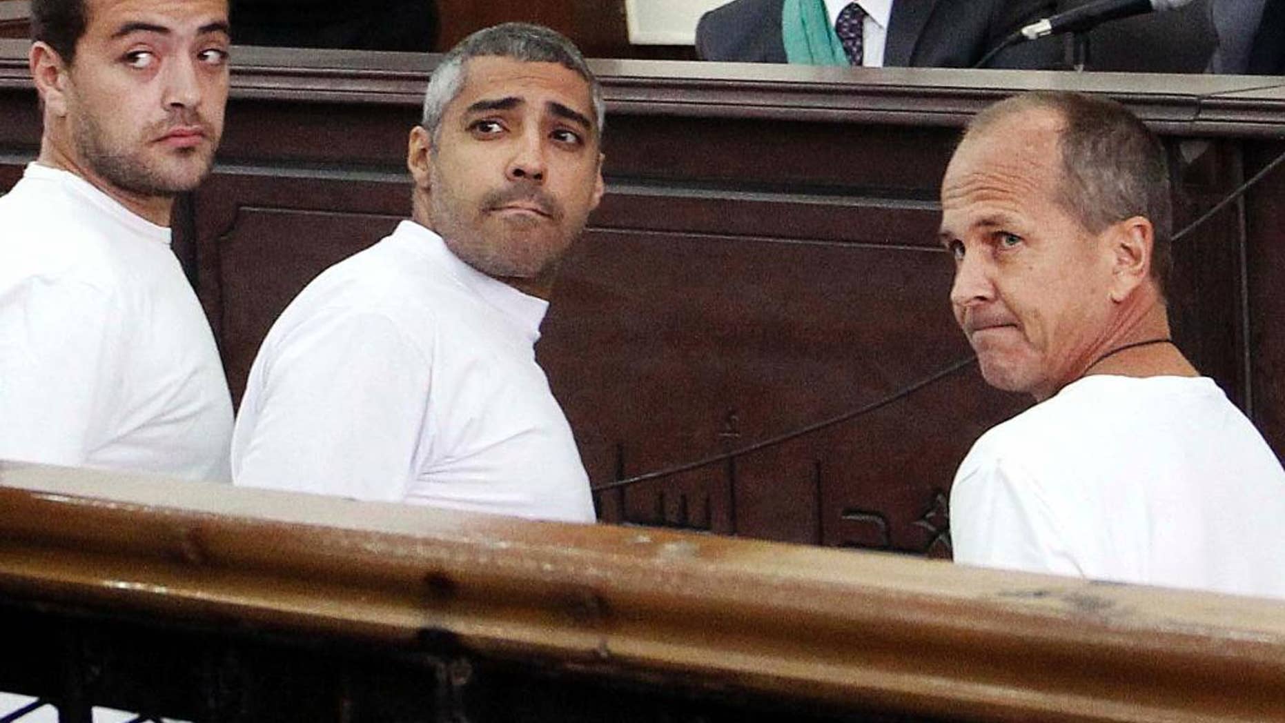 FILE - In this Monday, March 31, 2014 file photo, Al-Jazeera English producer Baher Mohamed, left, Canadian-Egyptian acting Cairo bureau chief Mohammed Fahmy, center, and correspondent Peter Greste, right, appear in court along with several other defendants during their trial on terror charges, in Cairo, Egypt. Adel Fahmy, the brother of Mohammed Fahmy, said Tuesday, Oct. 21, 2014, that a Cairo court has set the appeals hearing for three staffers of the Qatar-based broadcaster convicted in Egypt. The scheduled court date is Jan. 1, 2015. (AP Photo/Heba Elkholy, El Shorouk, File) EGYPT OUT