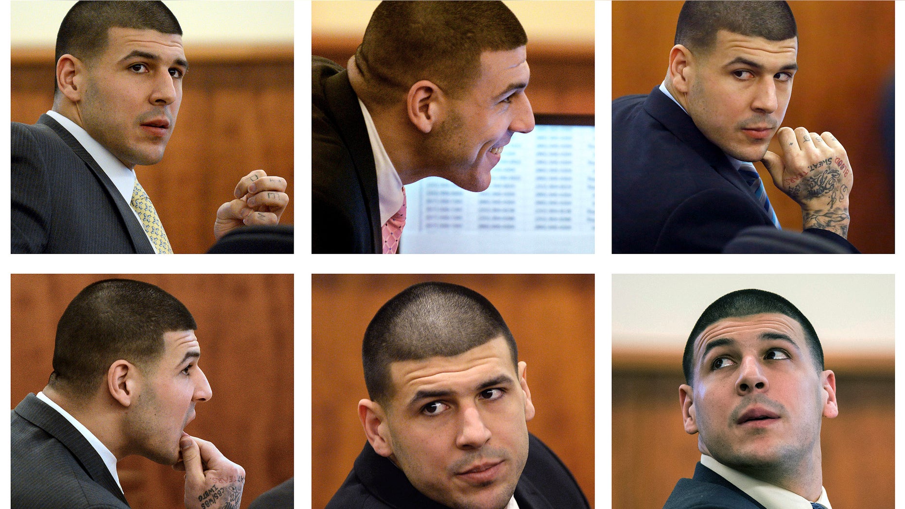 FILE - In this panel of 2015 file photos, former New England Patriots football player Aaron Hernandez sits in court during his murder trial in Fall River, Mass. Hernandez is charged with killing semiprofessional football player Odin Lloyd. Hernandez still flashes swagger and a smile during his trial. For the most part, he has appeared to pay close attention to what happened in the courtroom, even when it was dry and technical. On days when his relatives attend, Hernandez turns on the charm. (AP Photo/Pool, File)