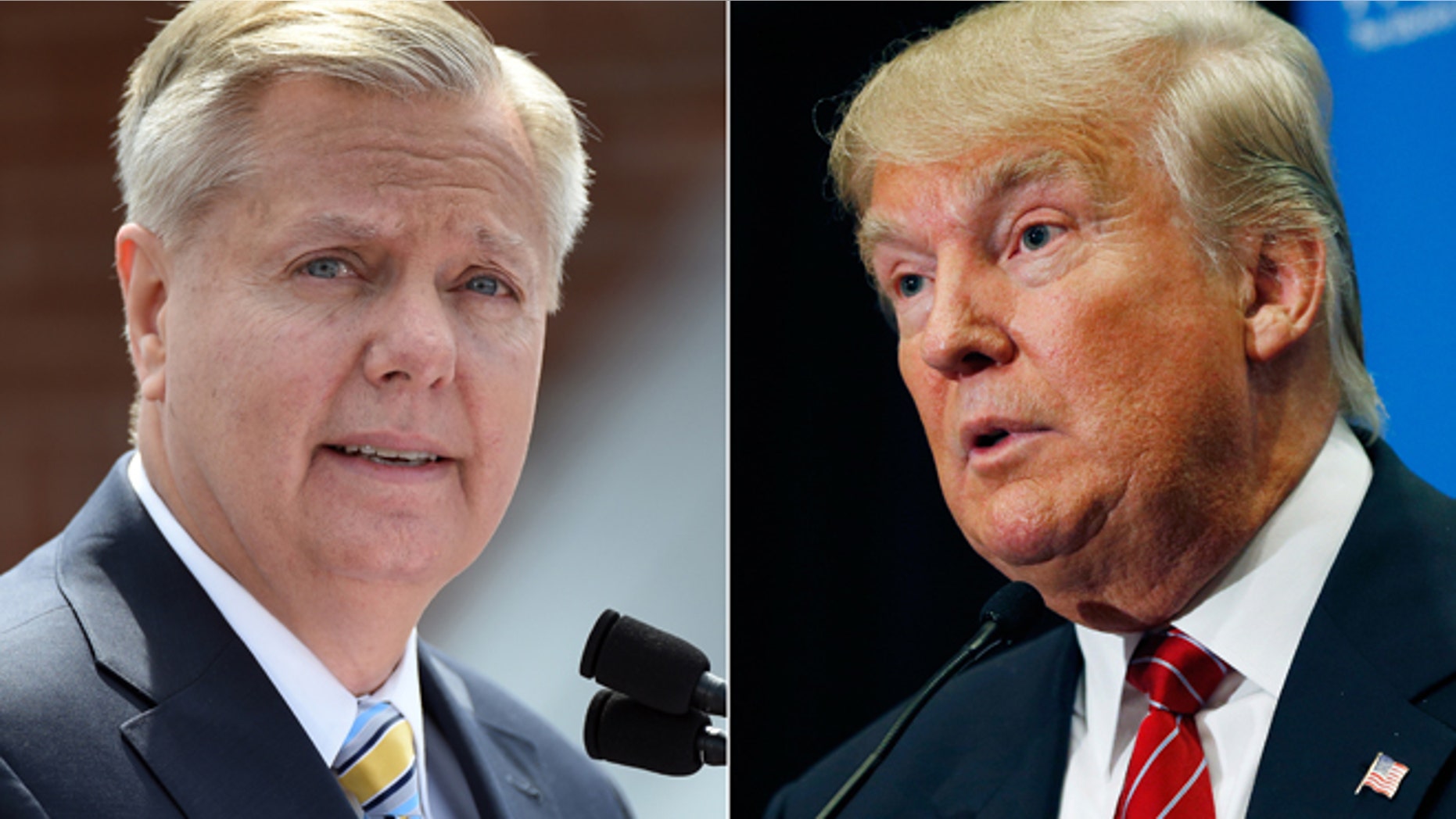 In this combination made from file photos, Republican presidential candidate, U.S. Sen. Lindsey Graham, R-S.C., left, speaks in Central, S.C., and fellow Republican candidate, real estate mogul Donald Trump, speaks in Las Vegas. In response to Trump's recent derogatory comments about Mexican immigrants, Graham says his rival is a "wrecking ball" for the future of the GOP with Hispanic voters, and is calling on the party to push back. (AP Photo/Rainier Ehrhardt, John Locher, File)