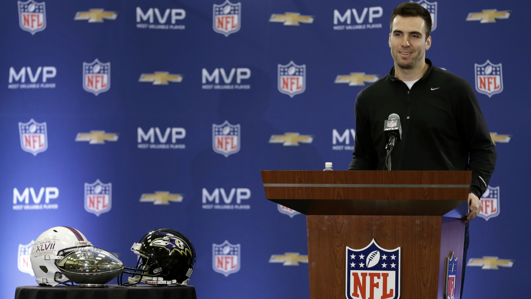 Baltimore Ravens quarterback Joe Flacco speaks during a news conference after NFL Super Bowl XLVII football game Monday, Feb. 4, 2013, in New Orleans. The Ravens defeated the San Francisco 49ers 34-31.(AP Photo/Darron Cummings)