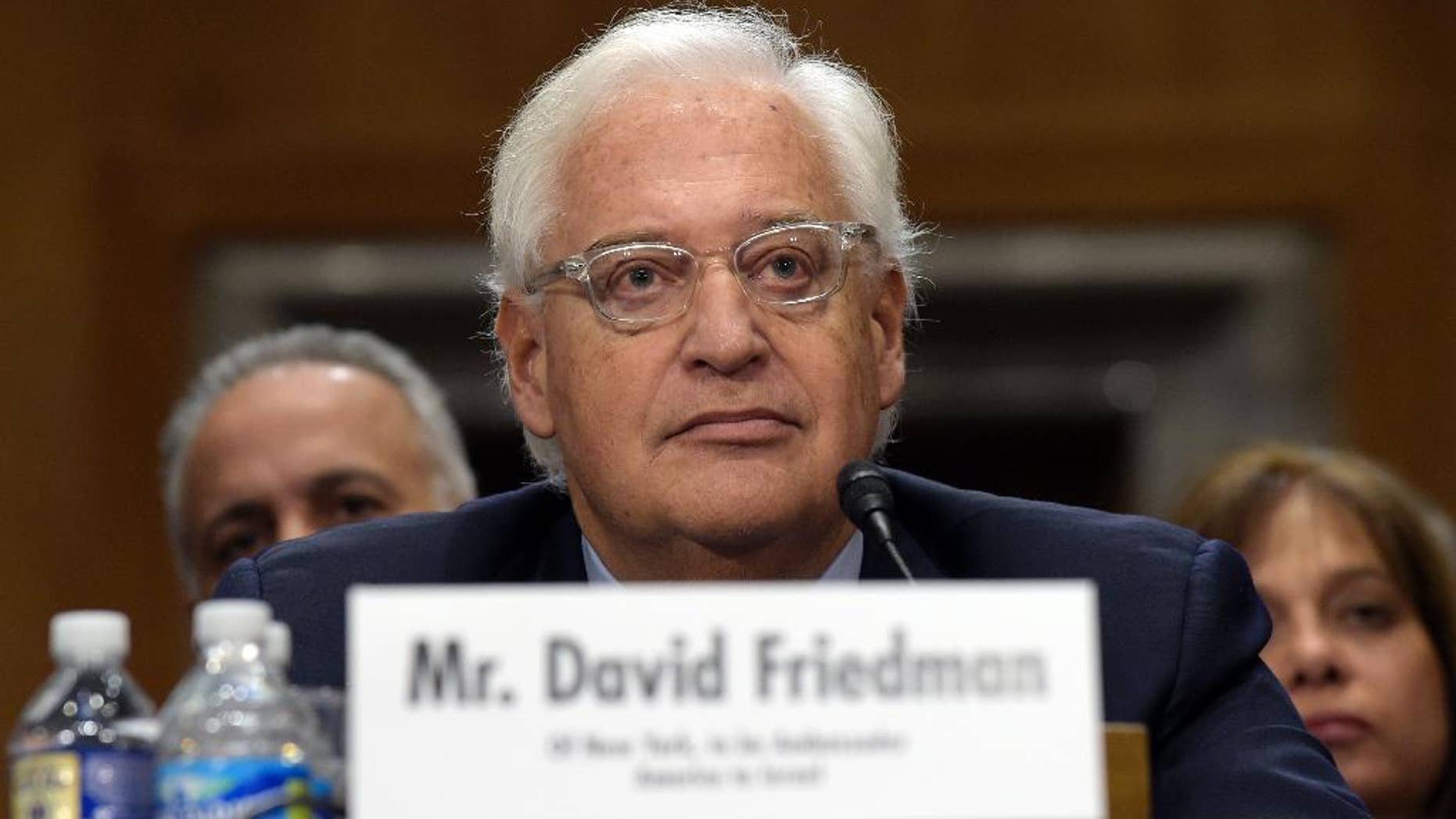 David Friedman, nominated to be U.S. Ambassador to Israel, testifies on Capitol Hill in Washington, Thursday, Feb. 16, 2017, at his confirmation hearing before the Senate Foreign Relations Committee. (AP Photo/Susan Walsh)