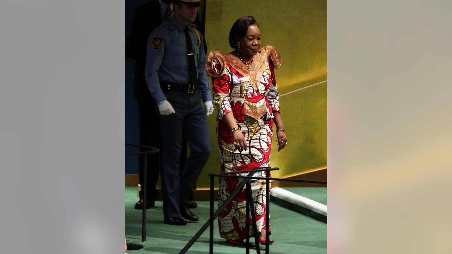 Interim President of the Central African Republic, Catherine Samba-Panza, arrives to address the 69th session of the United Nations General Assembly, at U.N. headquarters, Saturday, Sept. 27, 2014. (AP Photo/Richard Drew)