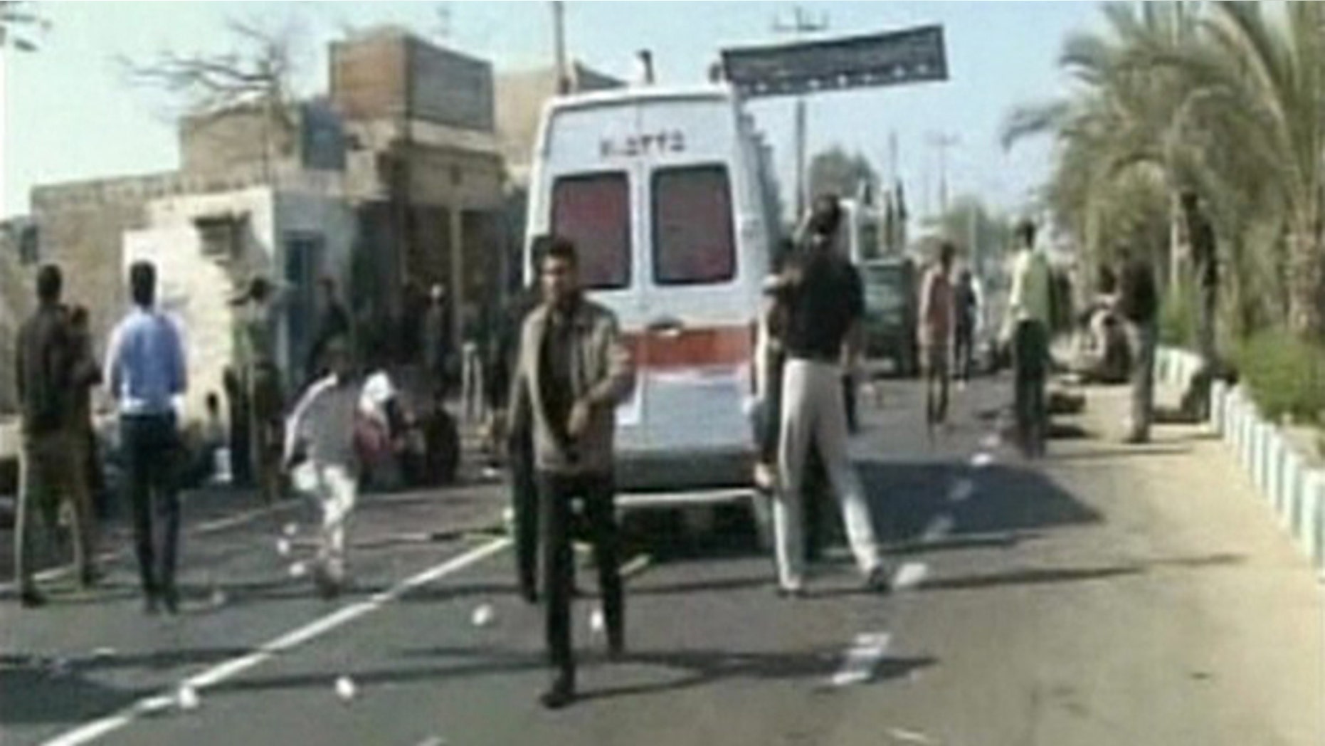 Dec. 15: The aftermath of an explosion outside a mosque in Iran's southeastern city of Chabahr is seen in this still image taken from video.