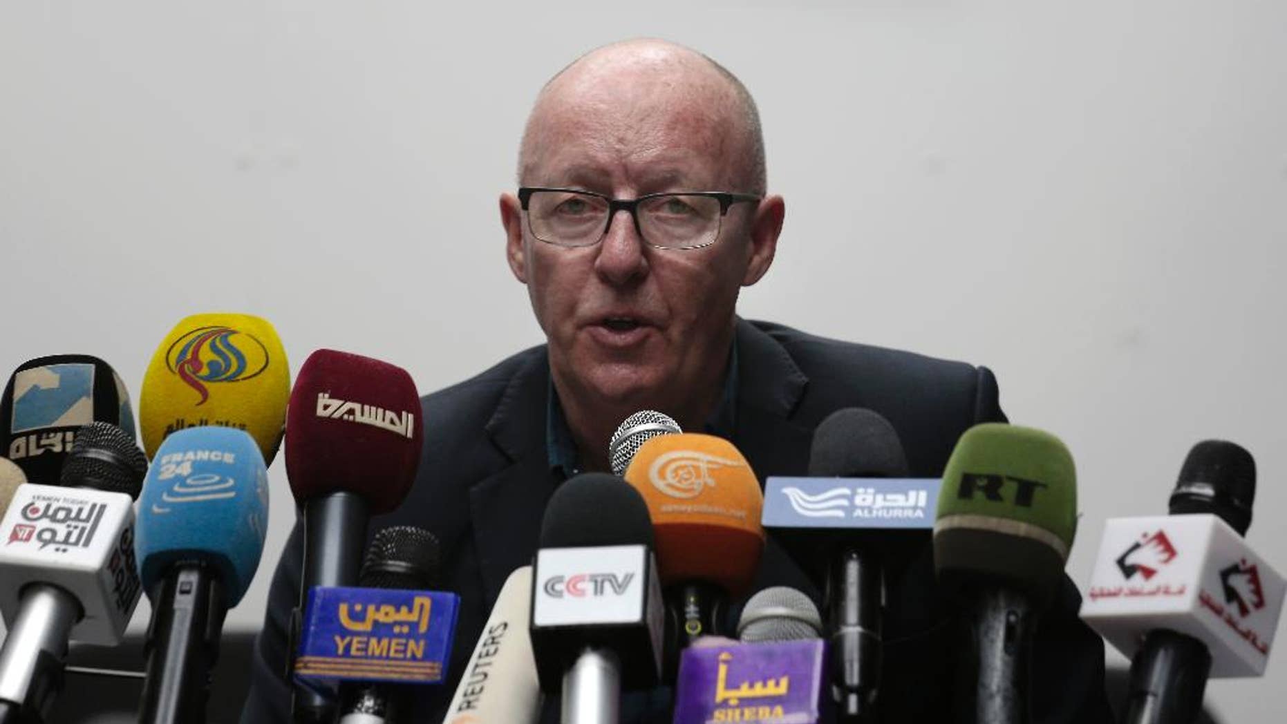 United Nations humanitarian coordinator for Yemen, Jamie McGoldrick, speaks to journalists during a press conference in Sanaa, Yemen, Monday, Jan. 16, 2017. (AP Photo/Hani Mohammed)