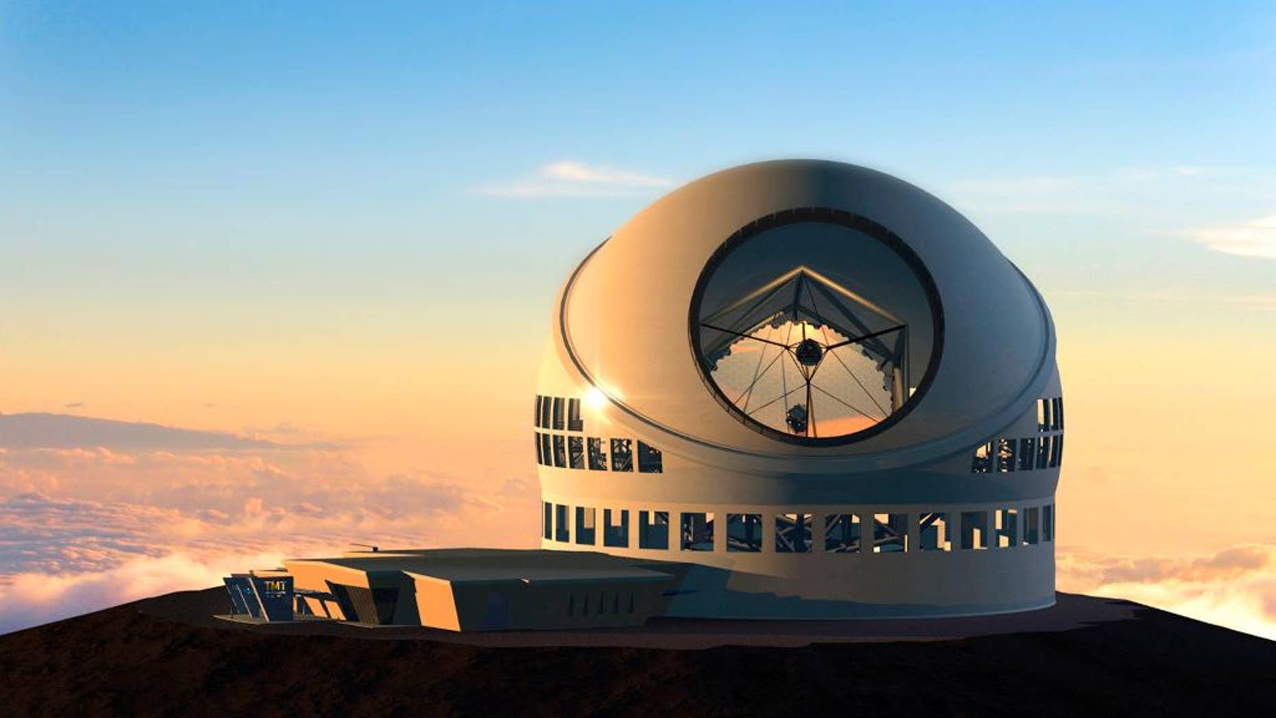 FILE - This undated file artist rendering made available by the TMT Observatory Corporation shows the proposed Thirty Meter Telescope, planned to be built atop Mauna Kea, a large dormant volcano in Hilo on the Big Island of Hawaii in Hawaii. Seven people protesting a giant telescope atop Mauna Kea have been arrested, early Friday, July 31, 2015, for defying an emergency rule created to prevent camping on the mountain that is held sacred by Native Hawaiians. (AP Photo/TMT Observatory Corporation, File) NO SALES; MANDATORY CREDIT