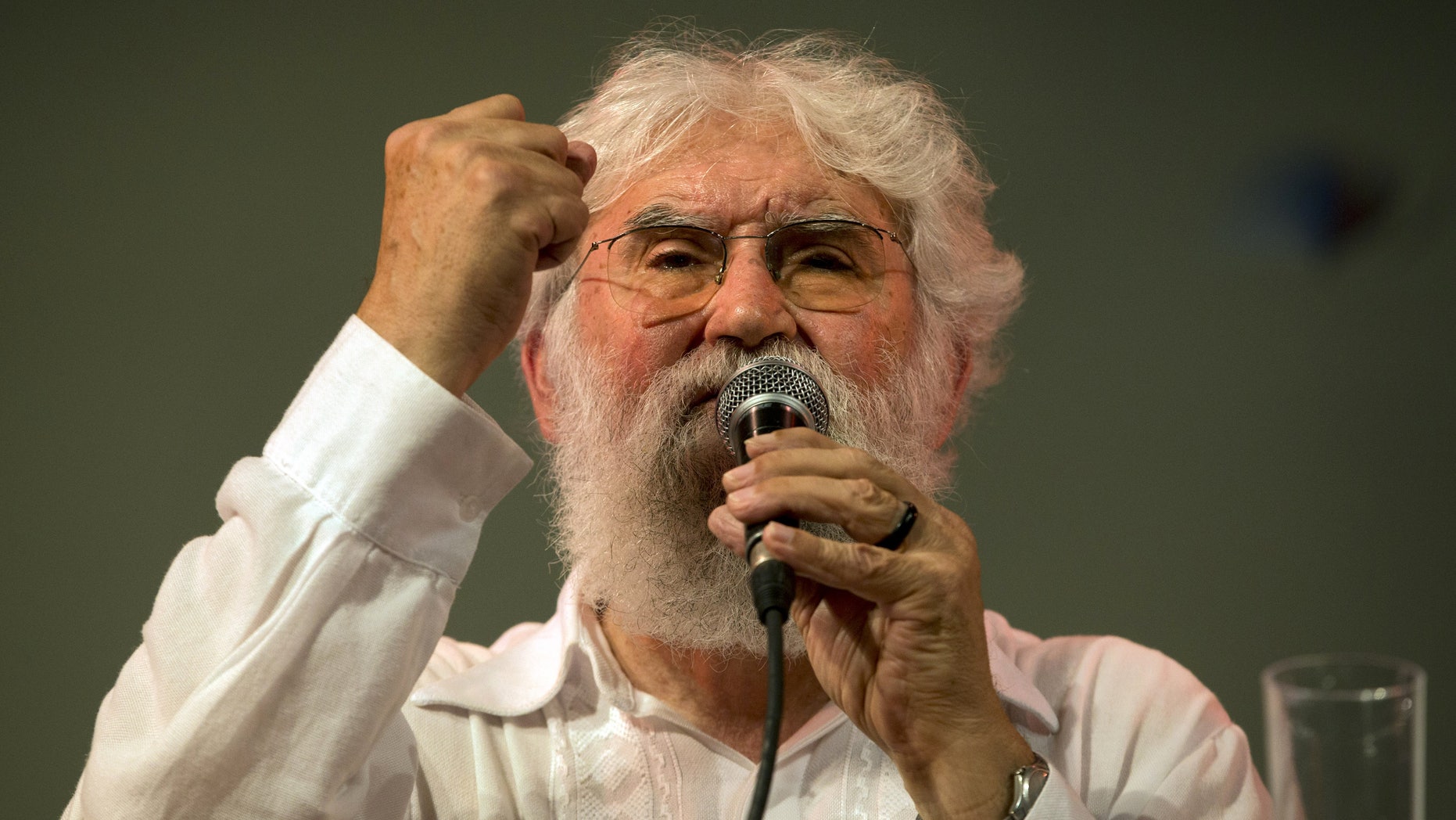 Liberation Theologist Leonardo Boff, of Brazil, speaks at a book fair where he attended the launching of a book by Clelia Luro, the wife of former bishop Jeronimo Podesta, in Buenos Aires, Argentina, Saturday, April 27, 2013. Liberation theologist Leanardo Boff says Pope Francis has what it takes to fix a church “in ruins.” Previous popes tried to silence the Brazilian leftist, but Boff says the former Argentine cardinal who became pope last month has both the vigor and tenderness to create a new spiritual world. (AP Photo/Victor R. Caivano)