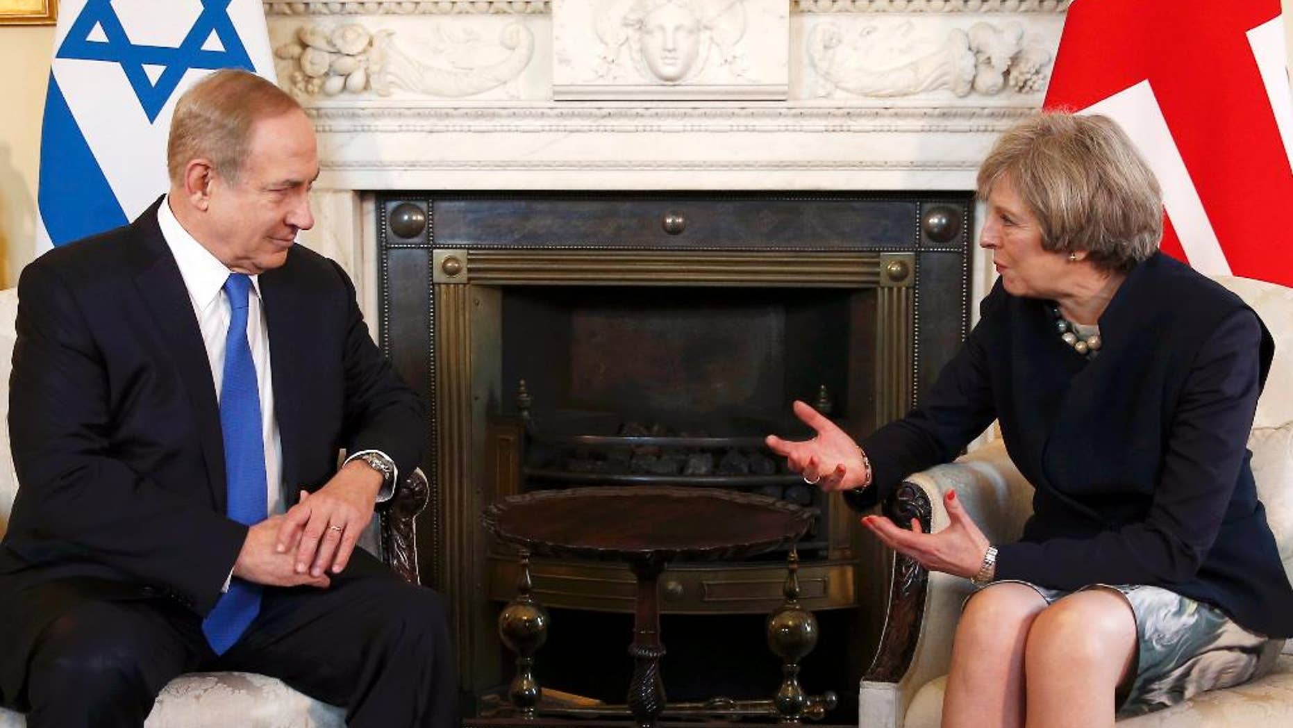 British Prime Minister Theresa May, right, meets with Israeli Prime Minister Benjamin Netanyahu on Feb. 6.