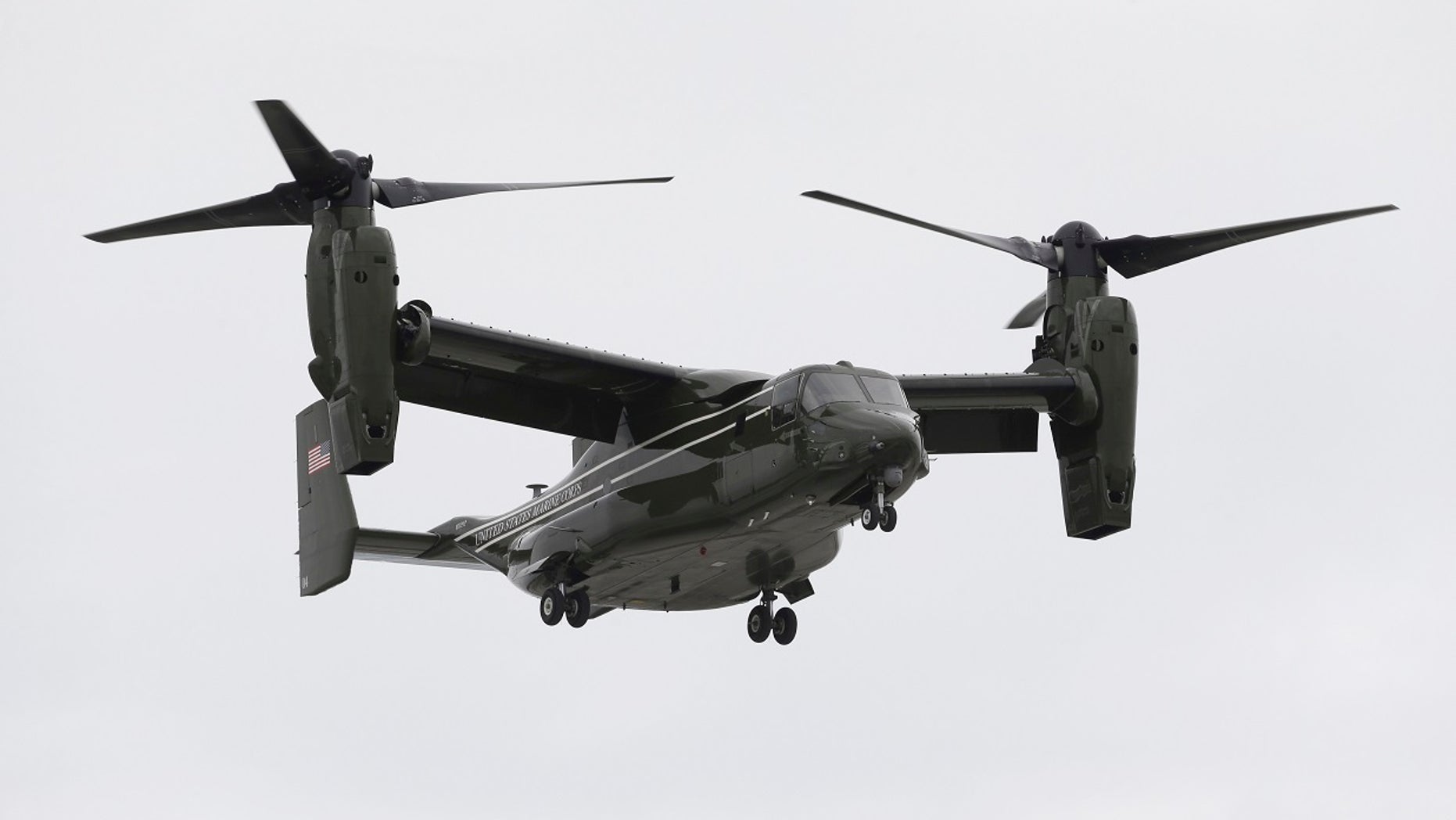 File photo: FILE - In this April 22, 2015 file photo, a Marine Corps MV-22 Osprey comes in for a landing at Miami International Airport before a presidential visit, in Miami. (AP Photo/Wilfredo Lee) (Copyright 2017 The Associated Press. All rights reserved.)