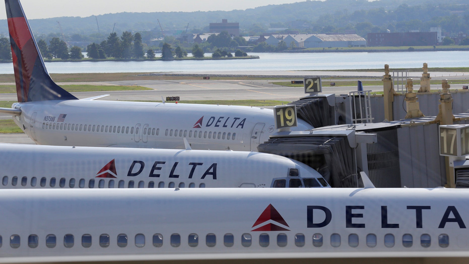Delta Airlines planes are parked at gates after the airlines computer systems crashed leaving passengers stranded as flights were grounded globally at Ronald Reagan Washington National Airport in Washington, U.S., August 8, 2016. REUTERS/Joshua Roberts - RTSLTSM