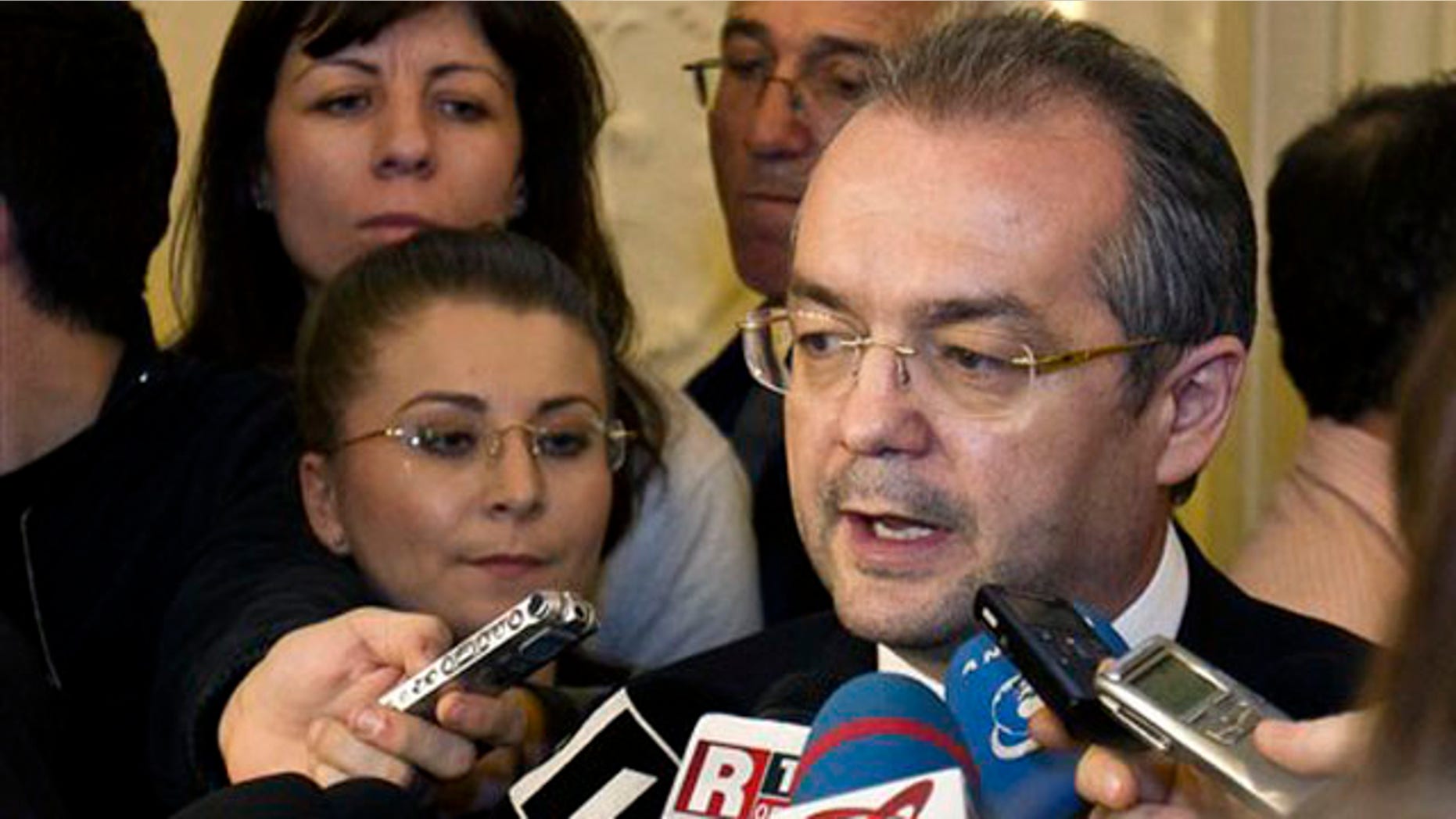Jan. 23, 2012: Romanian Premier Emil Boc speaks to the media at the Romanian parliament in Bucharest, Romania.