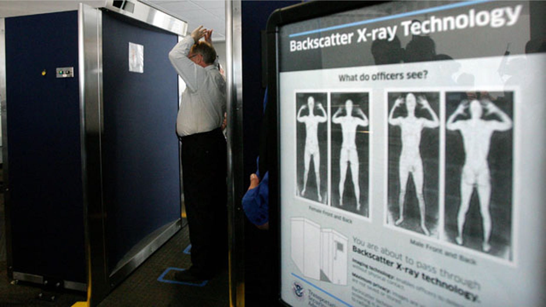 In this photo taken Sept. 1, 2010, Transportation Security Administration employee Anthony Brock, left, demonstrates a new full-body scanner at San Diego's Lindbergh Field, with TSA employee Andres Lozano in San Diego. The American Civil Liberties Union has denounced the machines as a "virtual strip search." Across the country, passengers must choose scans by full-body image detectors or probing pat-downs. Top federal security officials said Monday, Nov. 15, 2010, that the procedures were safe and necessary sacrifices to ward off terror attacks. (AP Photo/San Diego Union Tribune, Eduardo Contreras)