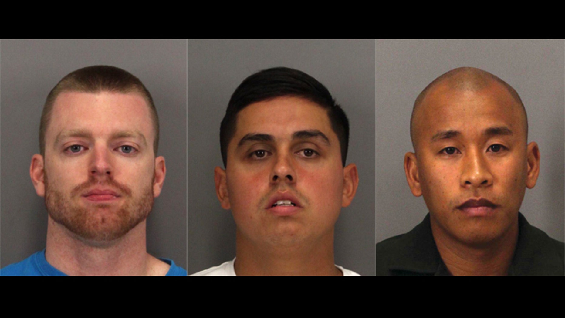 A photo composite of the three Santa Clara County jail guards - Jereh Lubrin, Rafael Rodriguez and Matthew Farris (L-R) - charged with murder and assault.