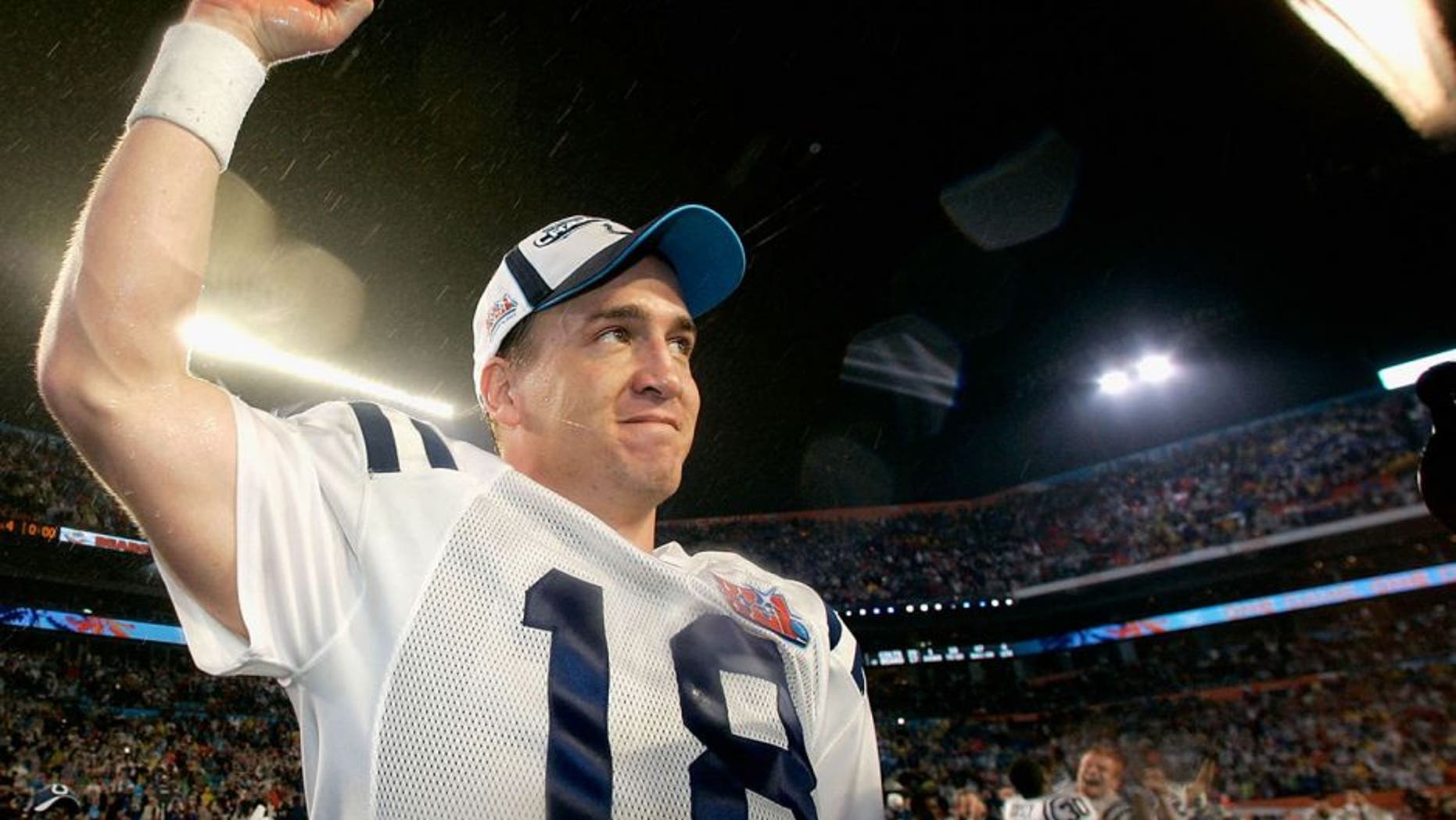MIAMI GARDENS, FL - FEBRUARY 04: Quarterback Peyton Manning #18 of the Indianapolis Colts celebrates winning the Super Bowl XLI qith a score of 29-17 over the Chicago Bears on February 4, 2007 at Dolphin Stadium in Miami Gardens, Florida. (Photo by Donald Miralle/Getty Images) *** Local Caption *** Peyton Manning
