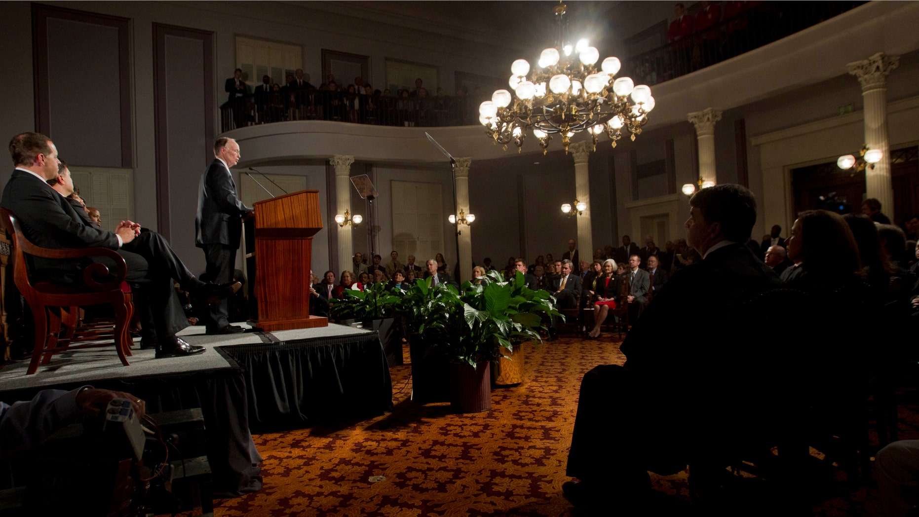 Alabama Gov. Robert Bentley delivers his State of the State address to a combined session of the Alabama Legislature at the historic Capitol in Montgomery, Alabama on Feb. 7, 2012. (AP Photo/Dave Martin)
