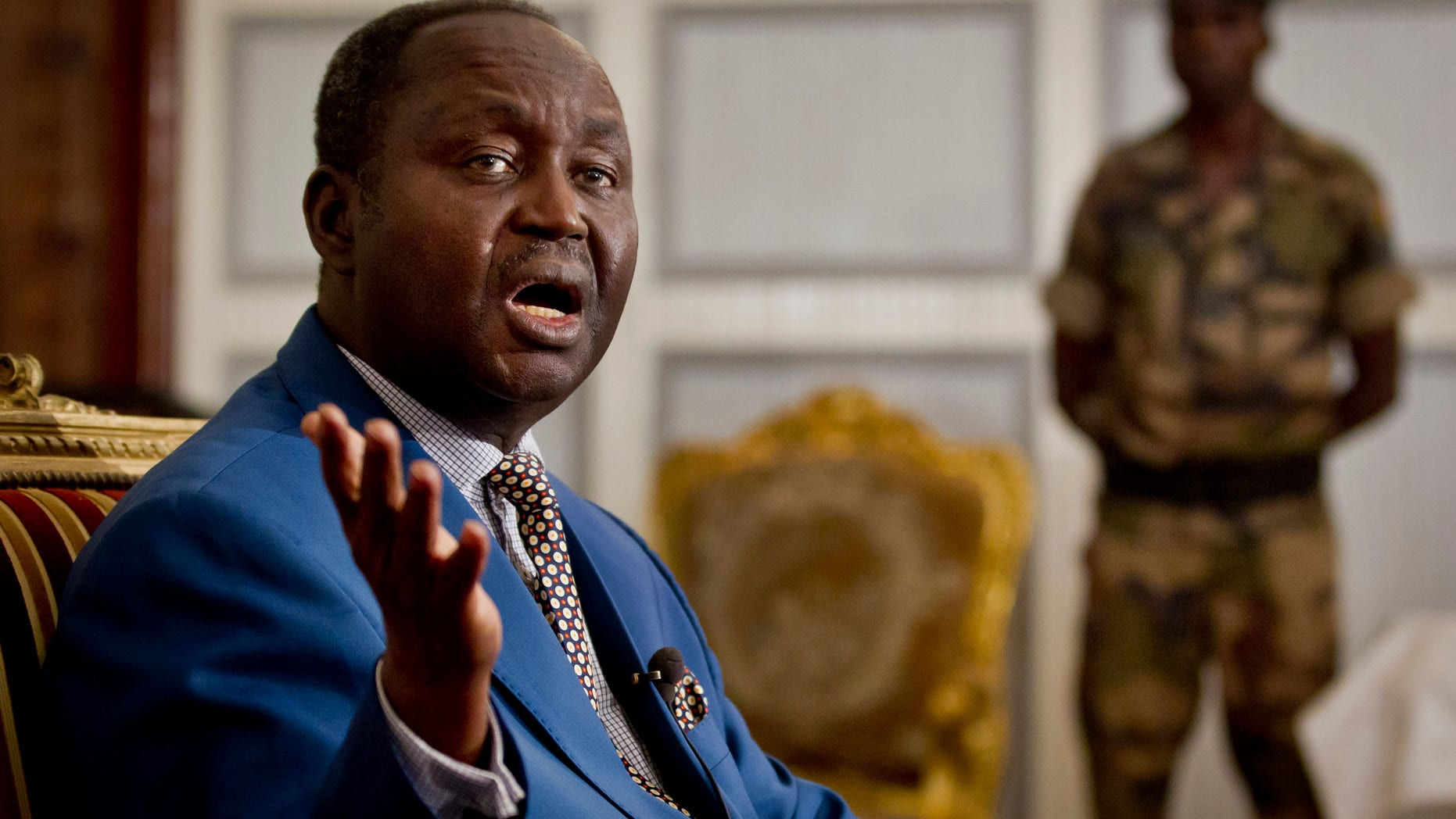 President of the Central African Republic Francois Bozize speaks to the media at the presidential palace in Bangui, Central African Republic Tuesday, Jan. 8, 2013. The embattled president of Central African Republic says he is prepared to listen to the country's rebels in negotiations if they have something positive to say, telling journalists Tuesday that "if the terrorists come to talk terrorism, the whole world will know it." (AP Photo/Ben Curtis)