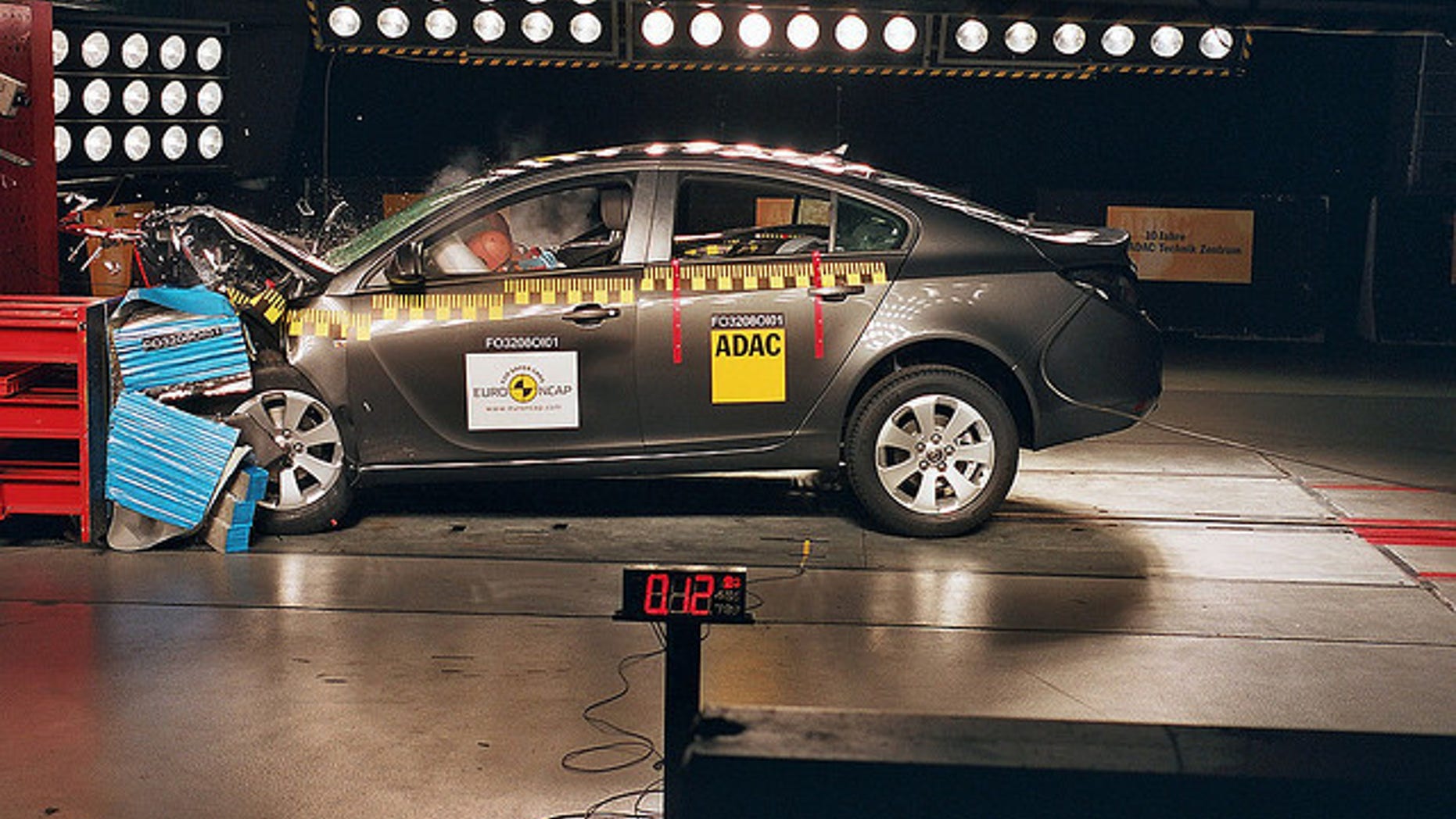 An Opel Insignia, similar to the Vauxhall Insignia, undergoes crash testing.