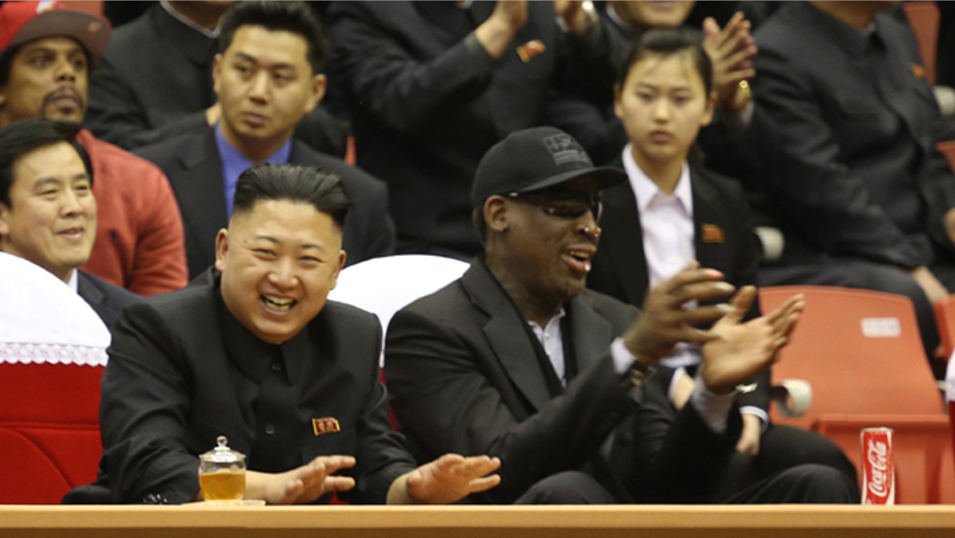 Feb. 28, 2013: North Korean leader Kim Jong Un, left, and former NBA star Dennis Rodman watch North Korean and U.S. players in an exhibition basketball game at an arena in Pyongyang, North Korea.