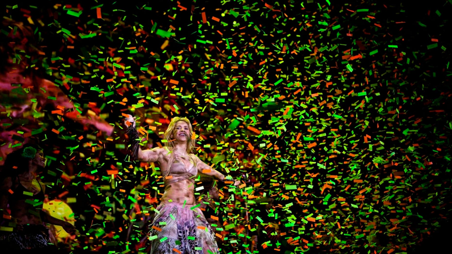 Colombia's star singer Shakira performs during "The Sun Comes Out World Tour" concert in Barcelona, Spain, Sunday night, May 29, 2011. (AP Photo/Emilio Morenatti)