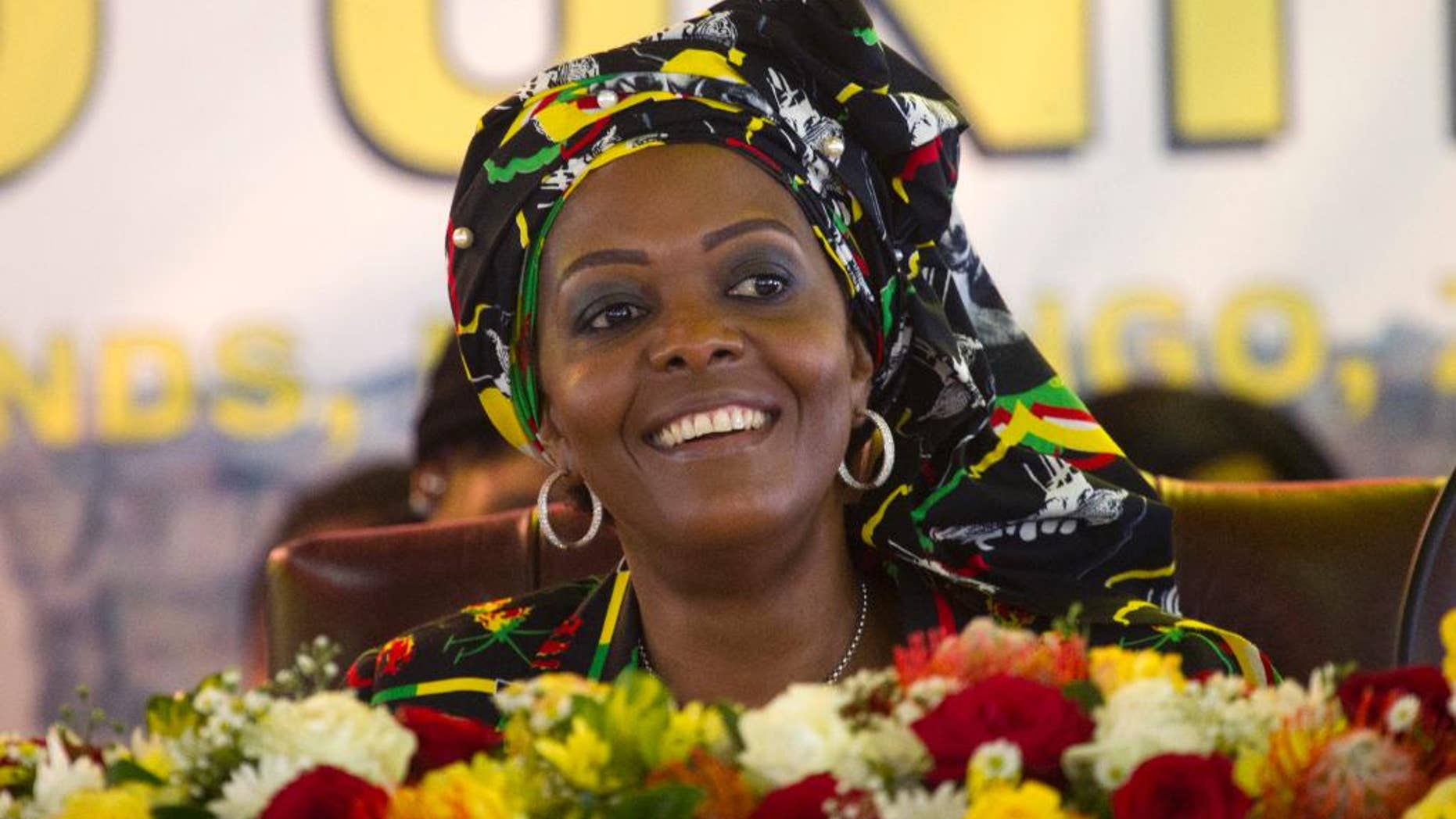 An arrest warrant has been issued for former Zimbabwean first lady Grace Mugabe for an alleged assault of a model inside a Johannesburg hotel room in 2017. (AP Photo/Tsvangirayi Mukwazhi)
