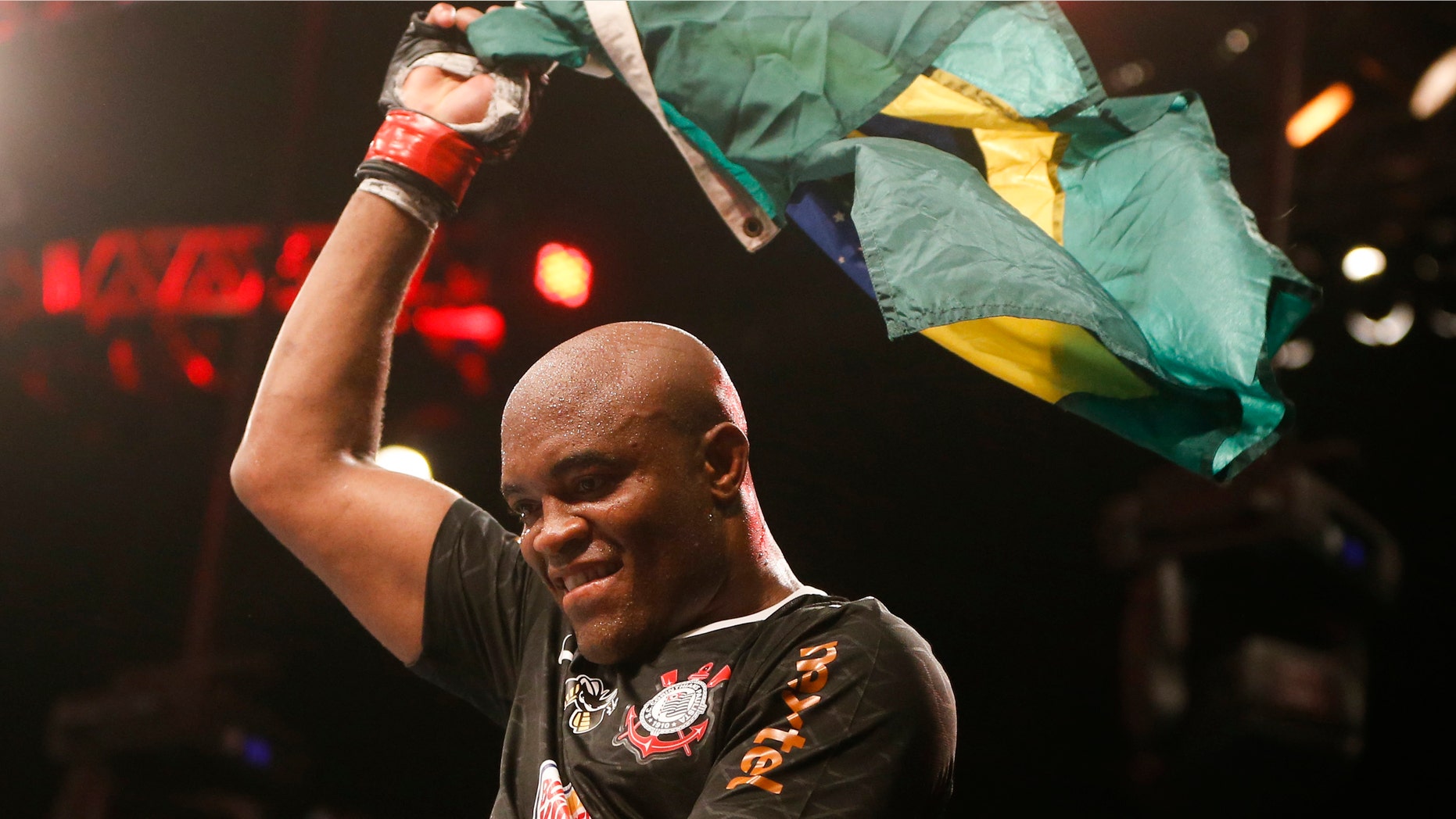 Anderson Silva, from Brazil, celebrates after defeating Stephan Bonnar, from the United States, during their light heavyweight mixed martial arts bout at UFC153 in Rio de Janeiro, early Sunday, Oct. 14, 2012. (AP Photo/Felipe Dana)