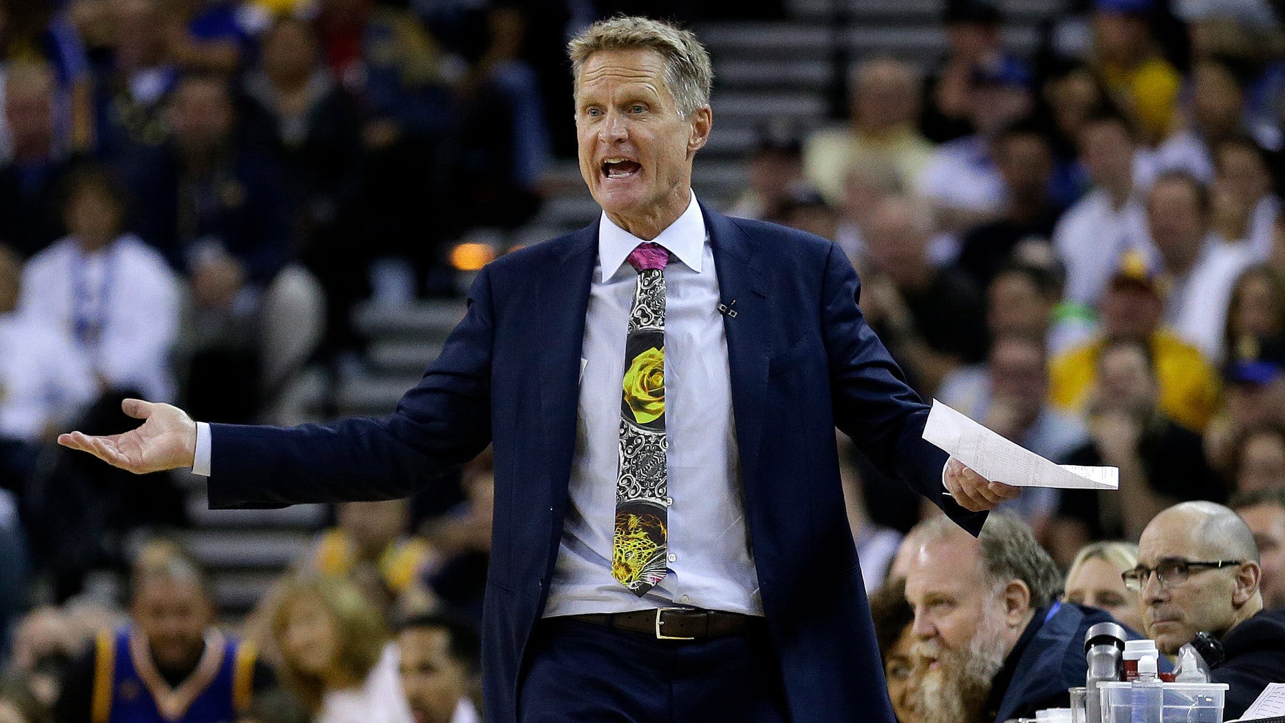 FILE - In this Oct. 25, 2016, file photo, Golden State Warriors coach Steve Kerr reacts during the team's NBA basketball game against the San Antonio Spurs in Oakland, Calif. Kerr, the reigning NBA Coach of the Year, acknowledged he tried marijuana twice in the past 18 months while dealing with debilitating back pain. Kerr told Comcast SportsNet Bay Area's Warriors Insider Podcast with Monte Poole on Friday, Dec. 2, that he used medicinal marijuana but it didn't help. (AP Photo/Ben Margot, File)