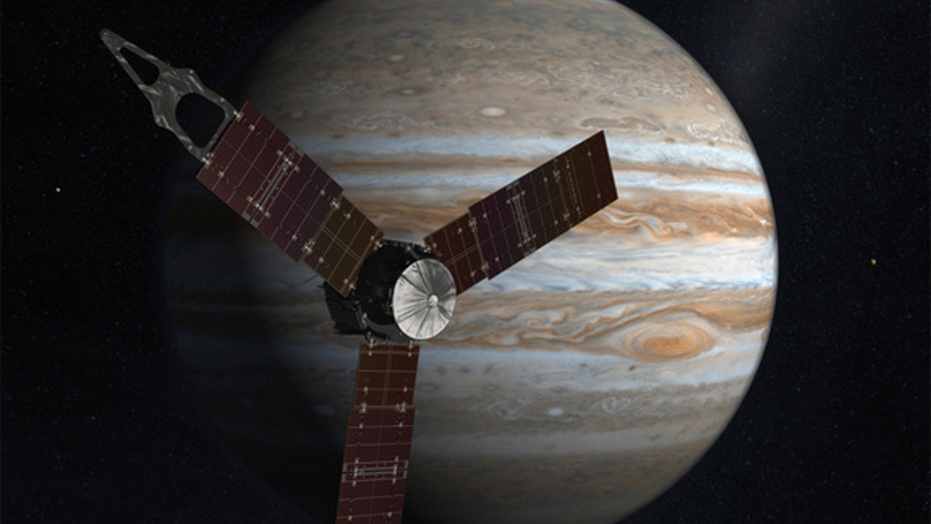 The Juno spacecraft passes in front of Jupiter in this artist's depiction.