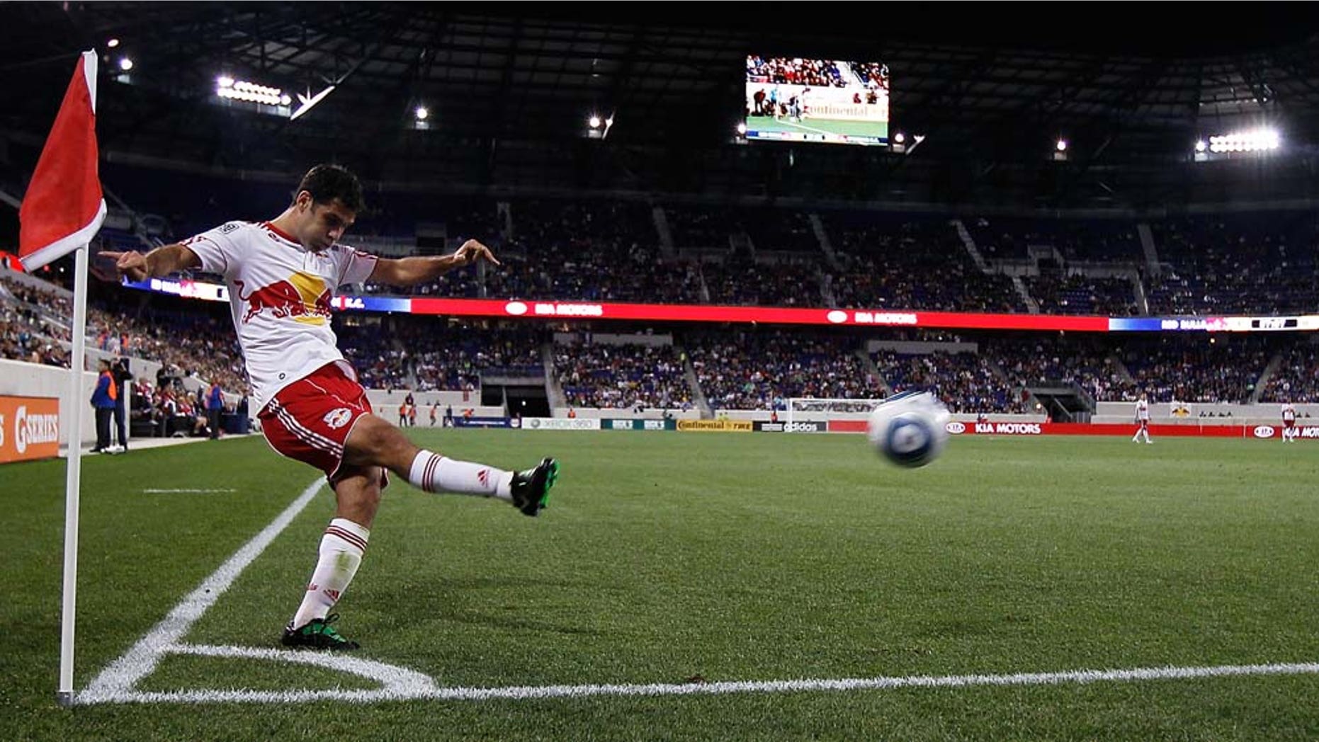 HARRISON, NJ - APRIL 30: Rafa Marquez #4 of the New York Red Bulls takes a corner kick against the Sporting KC on April 30, 2011 at Red Bull Arena in Harrison, New Jersey. The Red Bulls defeated the Sporting KC 1-0. (Photo by Mike Stobe/Getty Images for New York Red Bull)