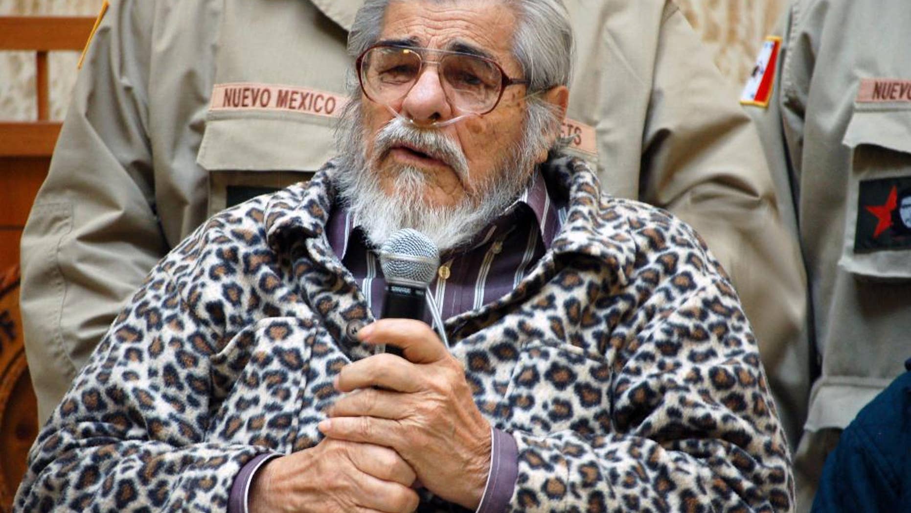 FILE - In this Feb. 2, 2012 file photo Chicano Movement leader Reies Lopez Tijerina, 85, speaks at an event at the New Mexico Statehouse in Santa Fe, N.M. Reies Lopez Tijerina, a champion of Chicanos' land-rights claims and the leader of a group that raided a northern New Mexico courthouse nearly 50 years ago, has died at age 88. Family representative Estela Reyes-Lopez said the prominent activist died, Monday, Jan. 19, 2015, at an El Paso, Texas, hospital, of natural cases. Nephew Luis Tijerina also confirmed the death. (AP Photo/Russell Contreras, File)