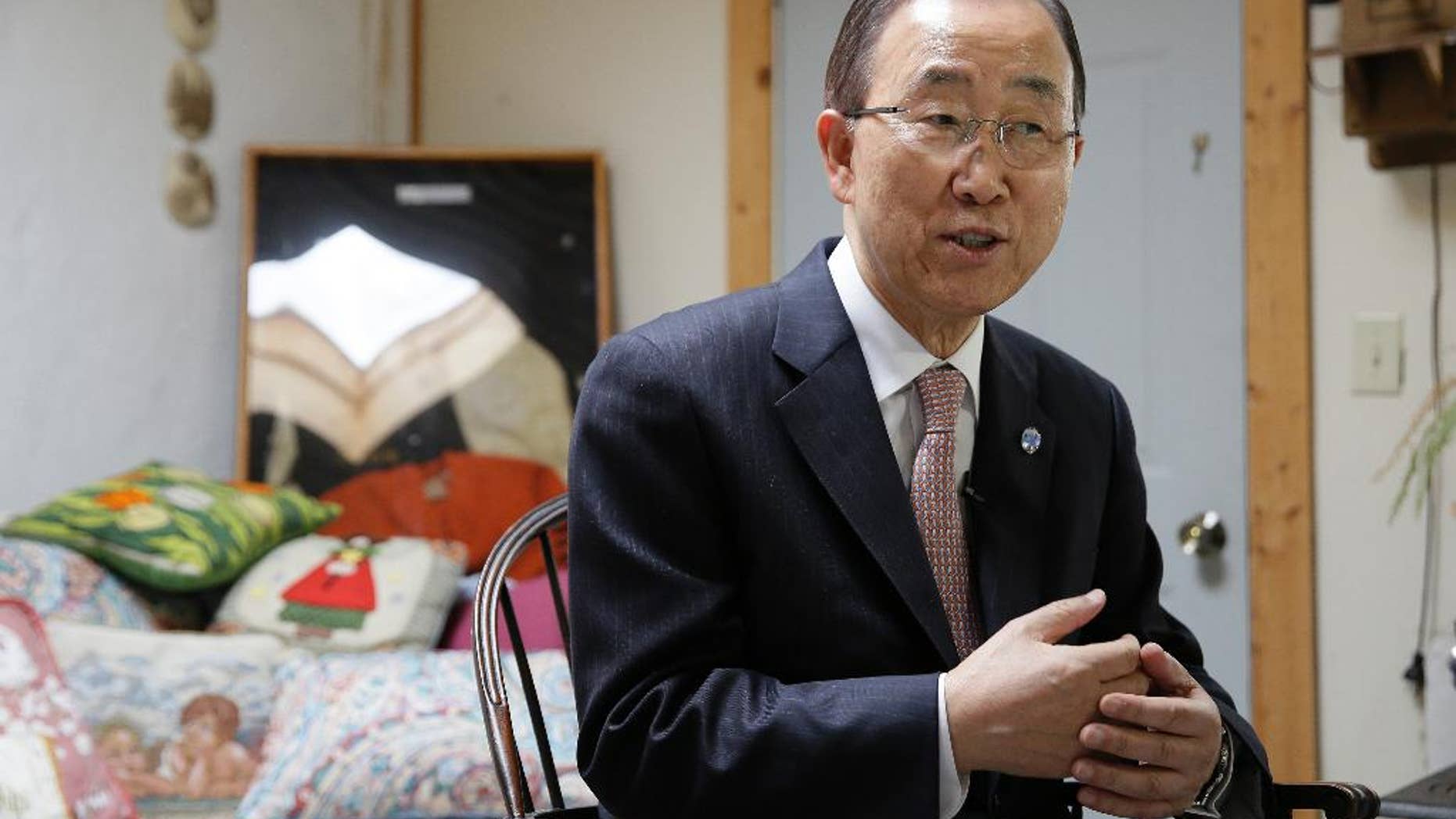 In this photo taken Aug. 11, 2016, U.N. Secretary-General Ban Ki-moon sits during an interview in Novato, Calif. During the interview he said he would personally like to see a woman become the next secretary-general of the United Nations for the first time since it was established more than 70 years ago. (AP Photo/Eric Risberg)