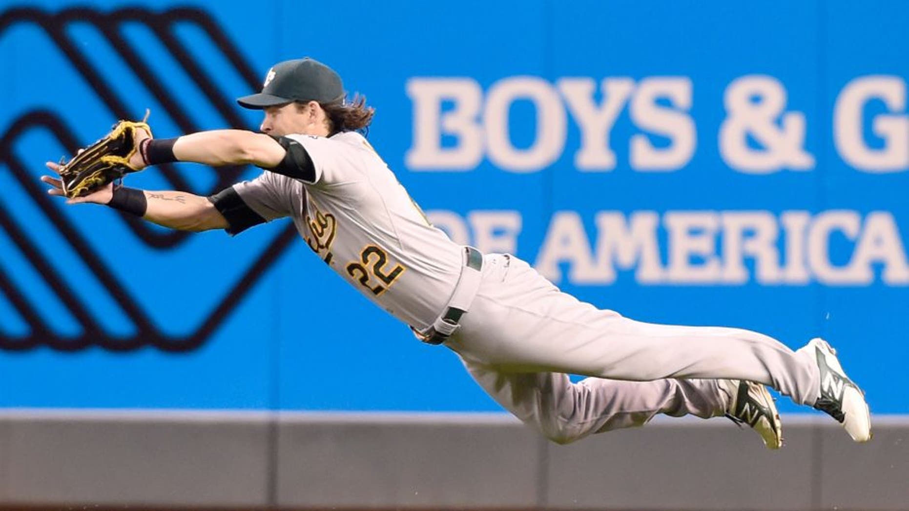 MINNEAPOLIS, MN - MAY 6: Josh Reddick #22 of the Oakland Athletics makes a diving catch in right field on a ball off the bat of Brian Dozier #2 of the Minnesota Twins in the fifth inning of the game on May 6, 2015 at Target Field in Minneapolis, Minnesota. The Twins defeated Athletics 13-0.(Photo by Hannah Foslien/Getty Images)