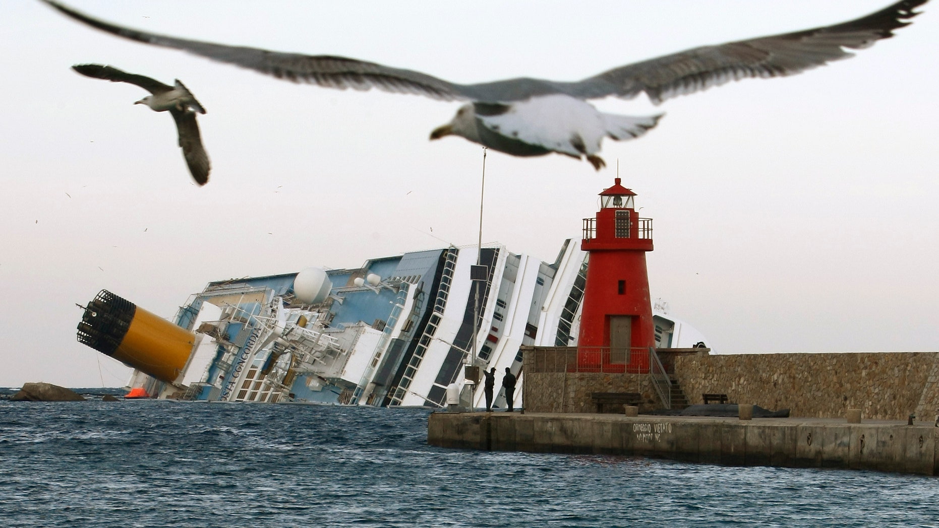 FILE - In this , Monday, Jan. 30, 2012 file photo, seagulls fly in front of the grounded cruise ship Costa Concordia off the Tuscan island of Giglio, Italy. As if the nightmares, flashbacks and anxiety weren't enough, passengers who survived the terrifying grounding and capsizing of the Costa Concordia off Tuscany have come in for a rude shock as they mark the first anniversary of the disaster on Sunday, Jan. 13, 2013. Ship owner Costa Crociere SpA, the Italian unit of Miami-based Carnival Corp., sent several passengers a letter telling them they weren't welcome at the official anniversary ceremonies on the island of Giglio where the hulking ship still rests. Costa says the day is focused on the families of the 32 people who died Jan. 13, 2012, not the 4,200 passengers and crew who survived. (AP Photo/Pier Paolo Cito, File)