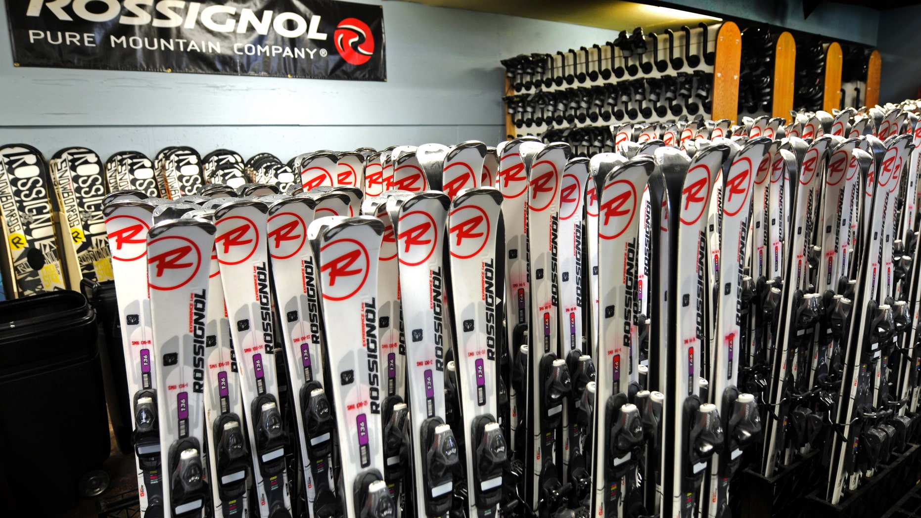 January 2013: Skis for rent at the Ski & Ride Center at Schweitzer Mountain Resort in Sandpoint, Idaho.